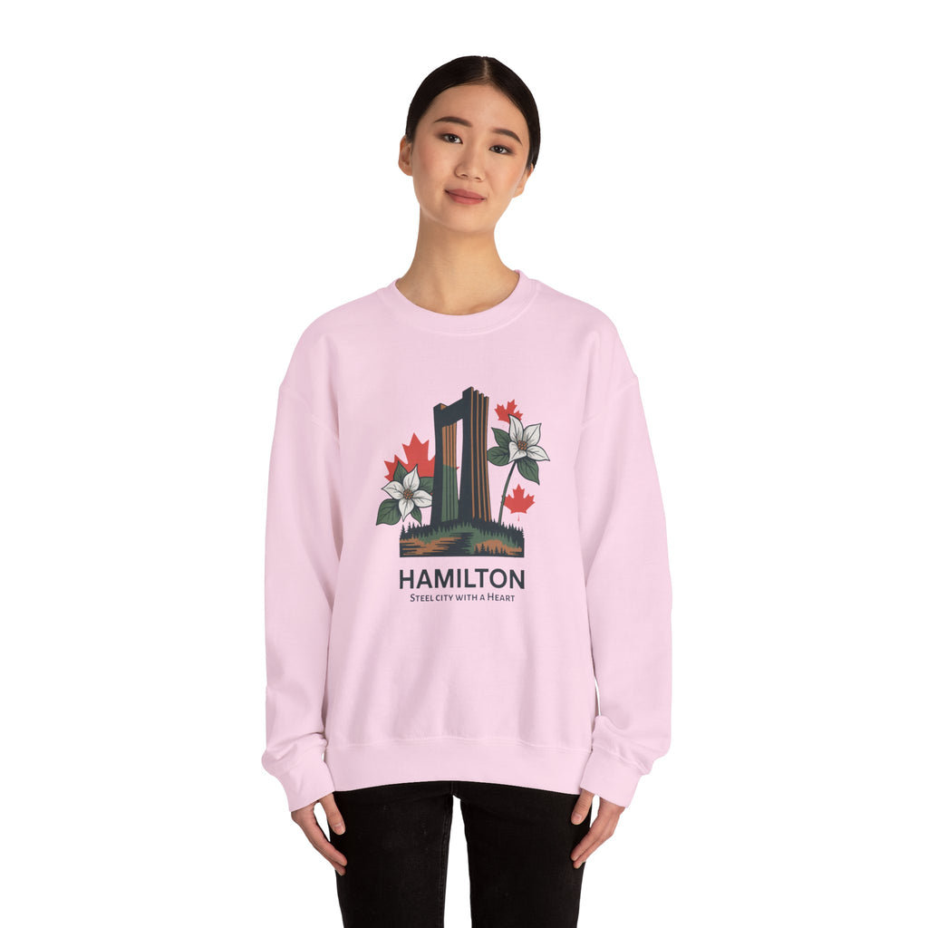 Hamilton Skyline Crewneck Sweatshirt — 'Hamilton: Steel City With A Heart' Canadian Maple Floral Design