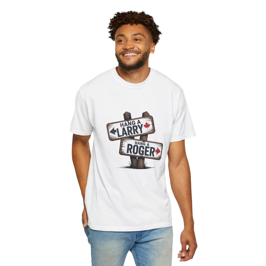 'Hang a Larry Hang a Roger' Signpost T-Shirt — Retro Roadside Humor Tee