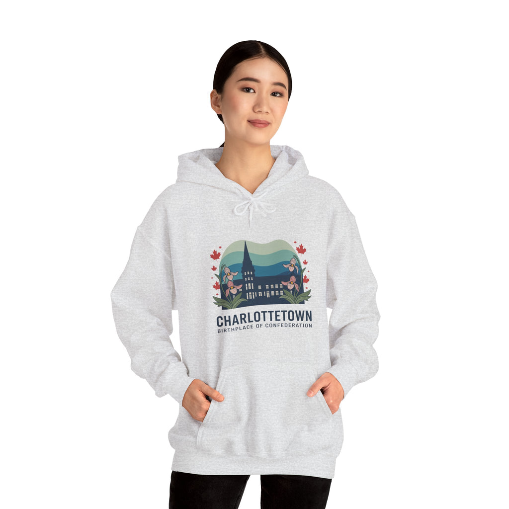 Charlottetown Scenic Hoodie — Vintage Island Skyline & Parliament Building Design