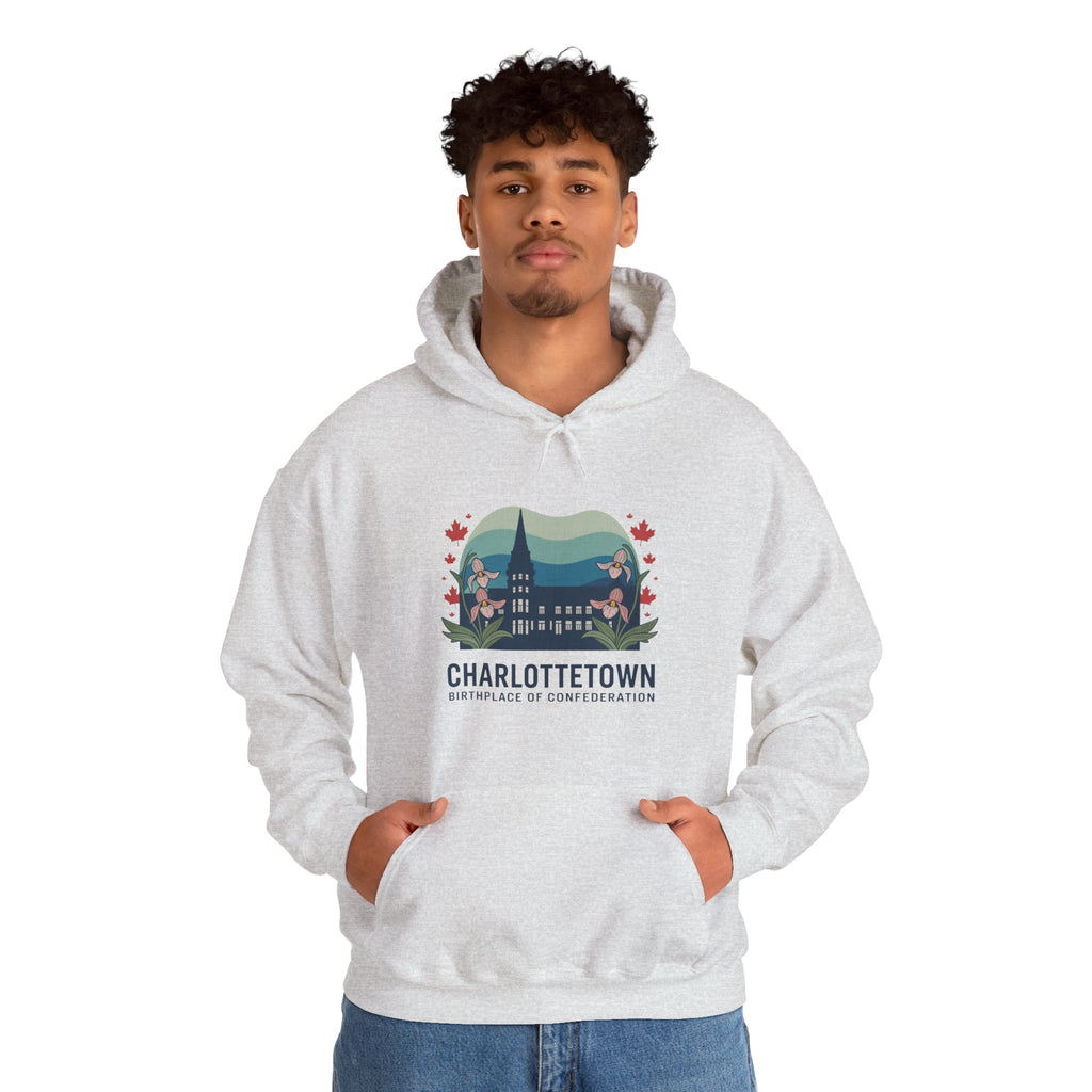 Charlottetown Scenic Hoodie — Vintage Island Skyline & Parliament Building Design