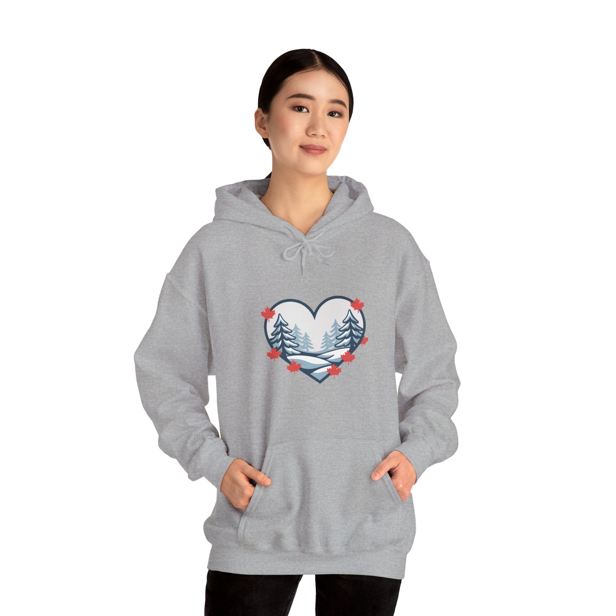 Heart-Shaped Mountain Hoodie — Cozy Forest Love Design