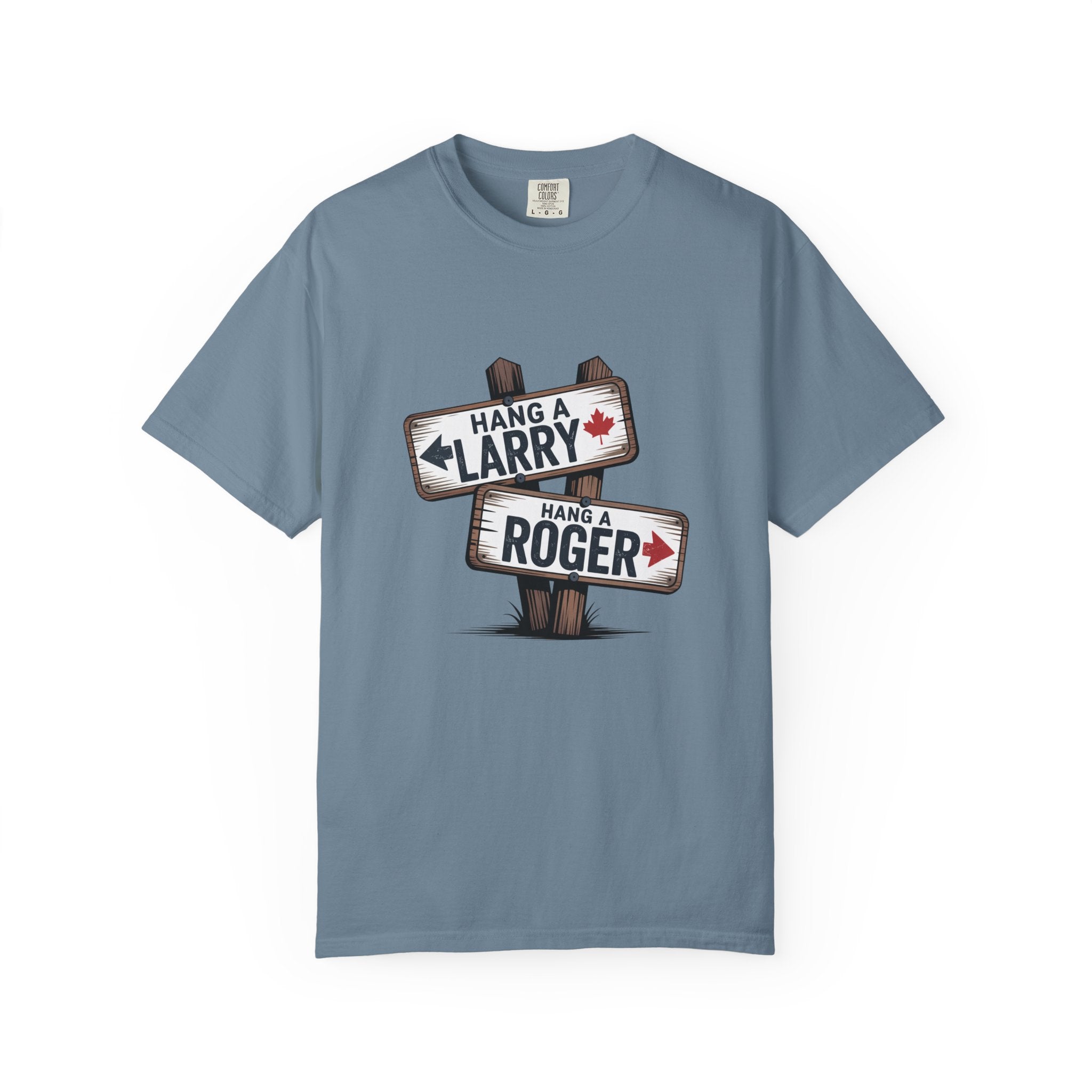 'Hang a Larry Hang a Roger' Signpost T-Shirt — Retro Roadside Humor Tee