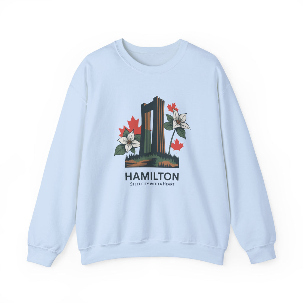 Hamilton Skyline Crewneck Sweatshirt — 'Hamilton: Steel City With A Heart' Canadian Maple Floral Design