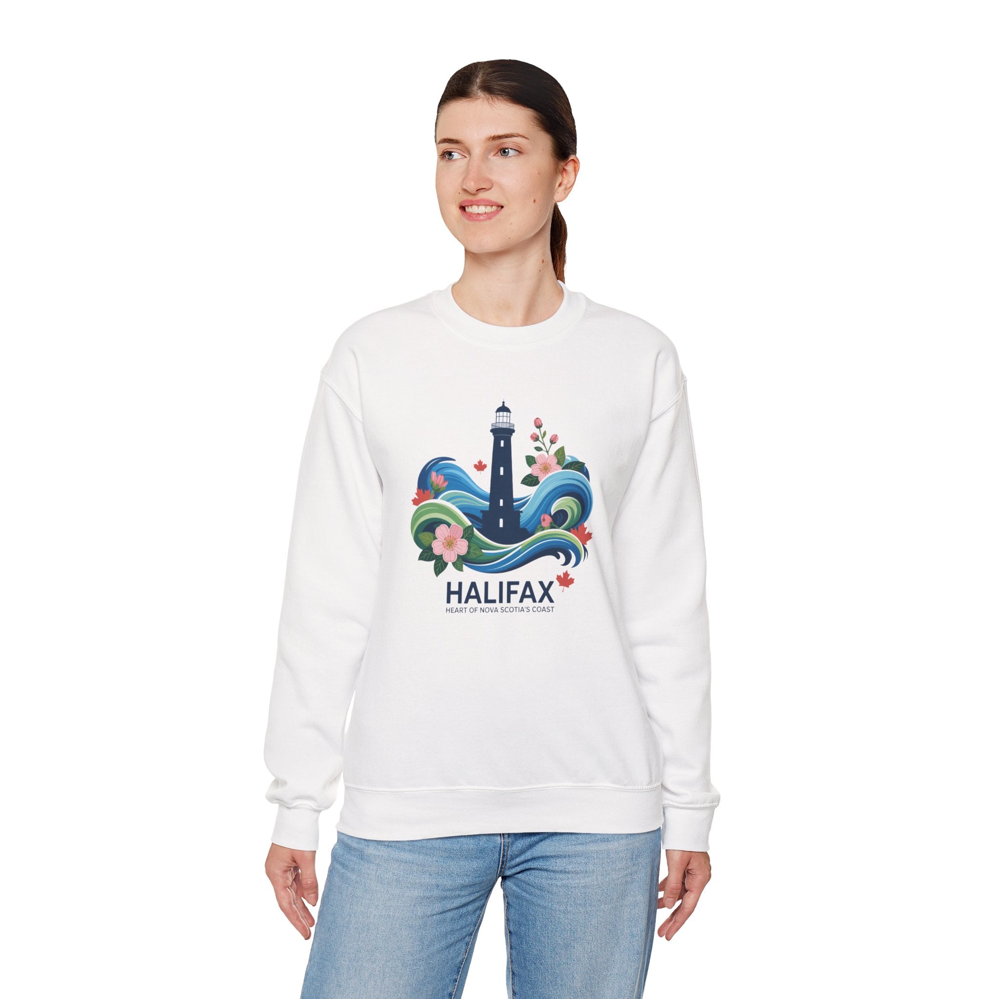 Halifax Lighthouse Crewneck Sweatshirt — Nautical Waves & Floral Travel Souvenir