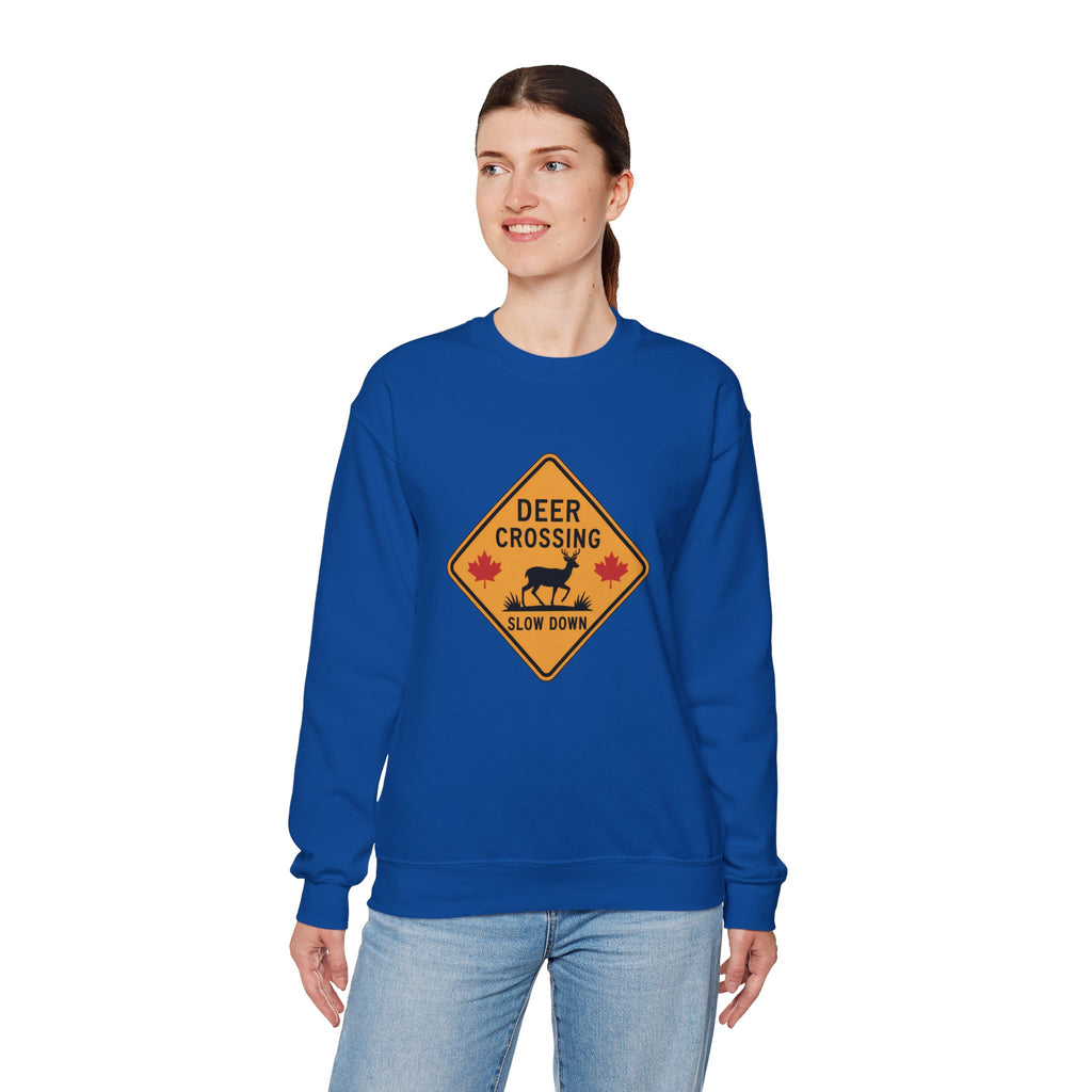 Deer Crossing Sweatshirt — 'Deer Crossing Slow Down' Road Sign Crewneck