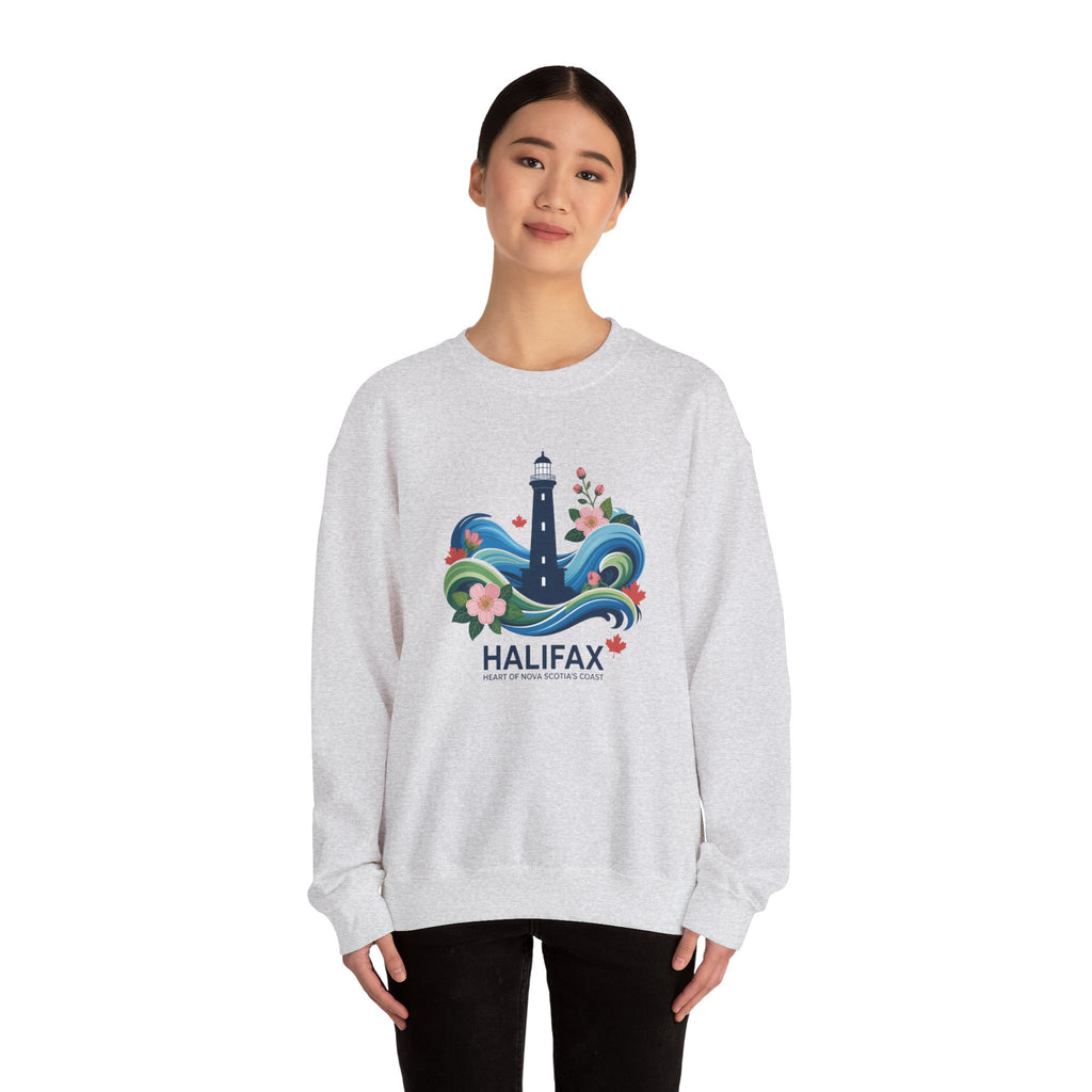 Halifax Lighthouse Crewneck Sweatshirt — Nautical Waves & Floral Travel Souvenir