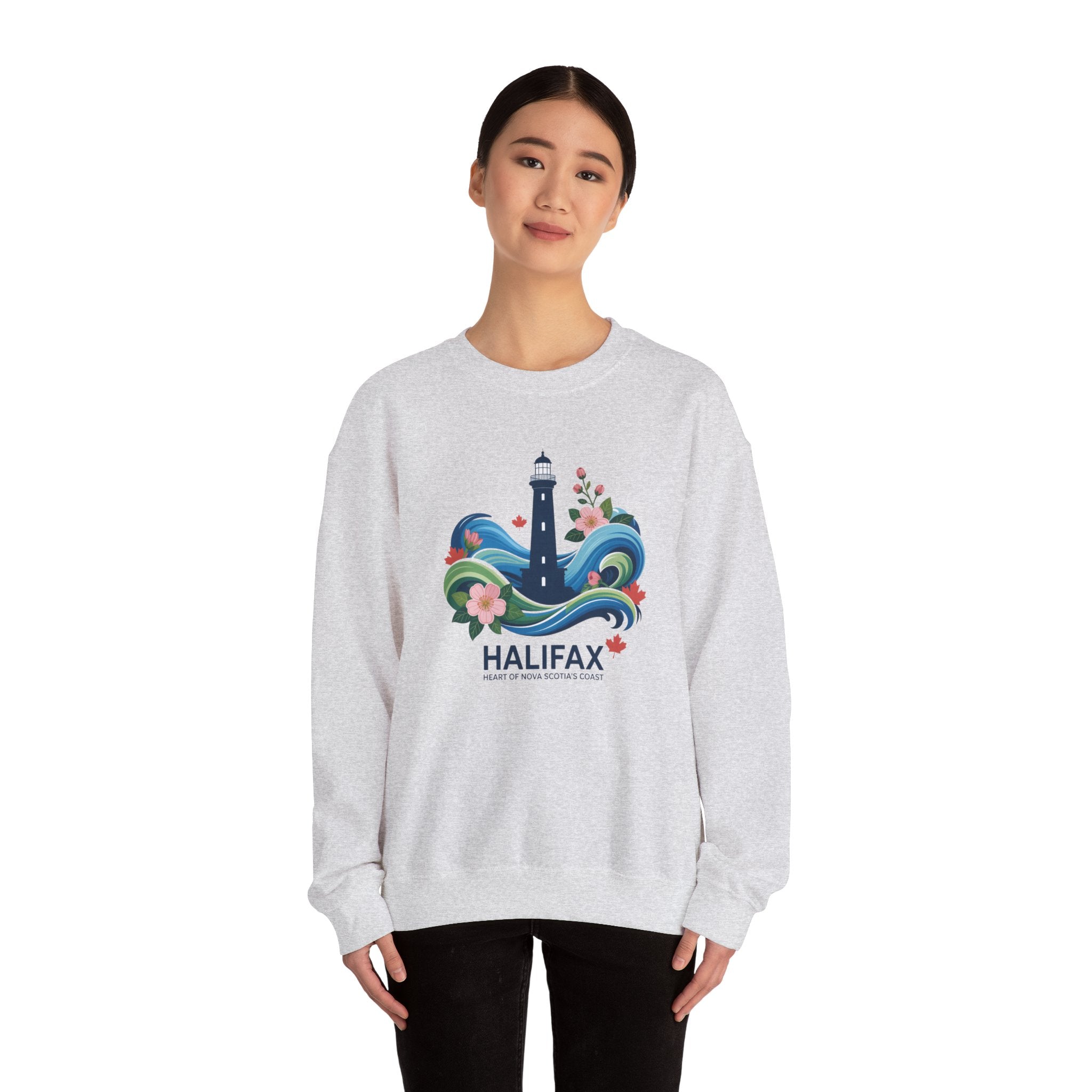 Halifax Lighthouse Crewneck Sweatshirt — Nautical Waves & Floral Travel Souvenir