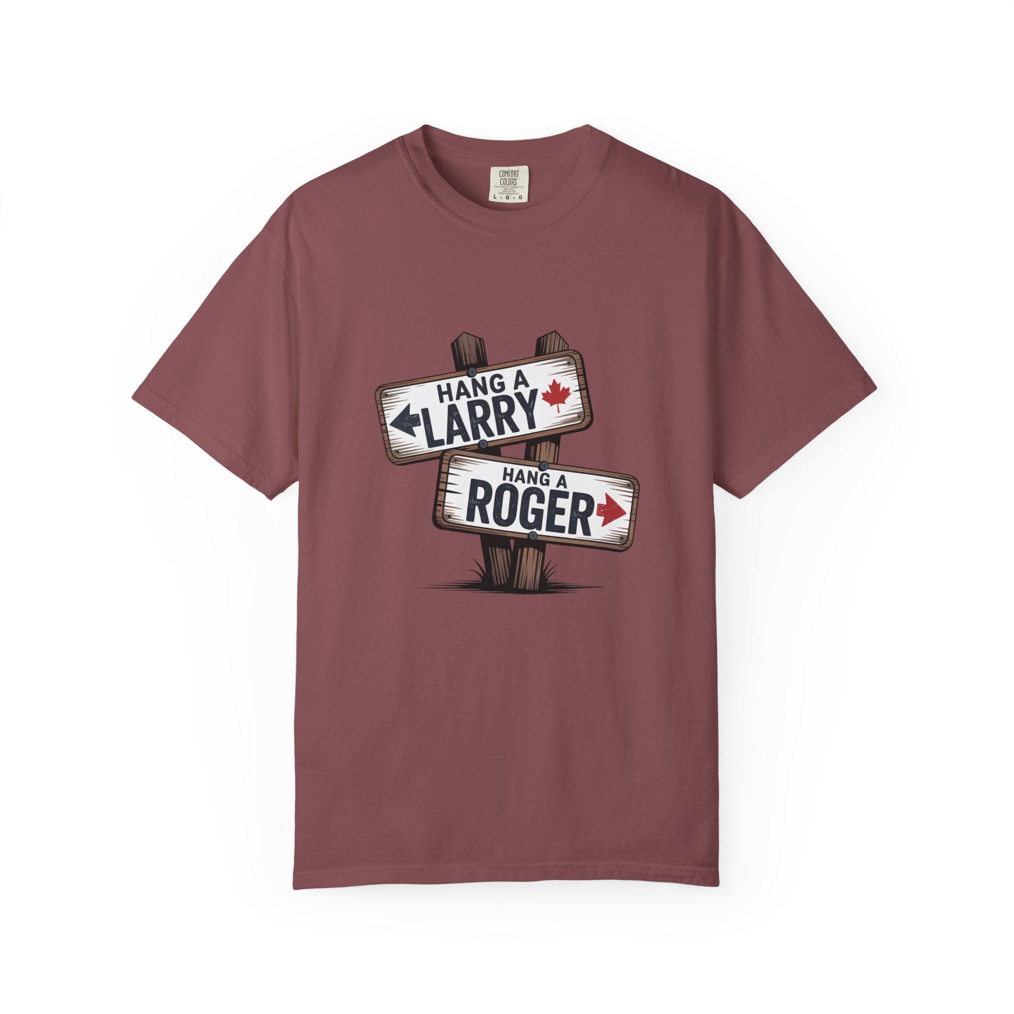 'Hang a Larry Hang a Roger' Signpost T-Shirt — Retro Roadside Humor Tee