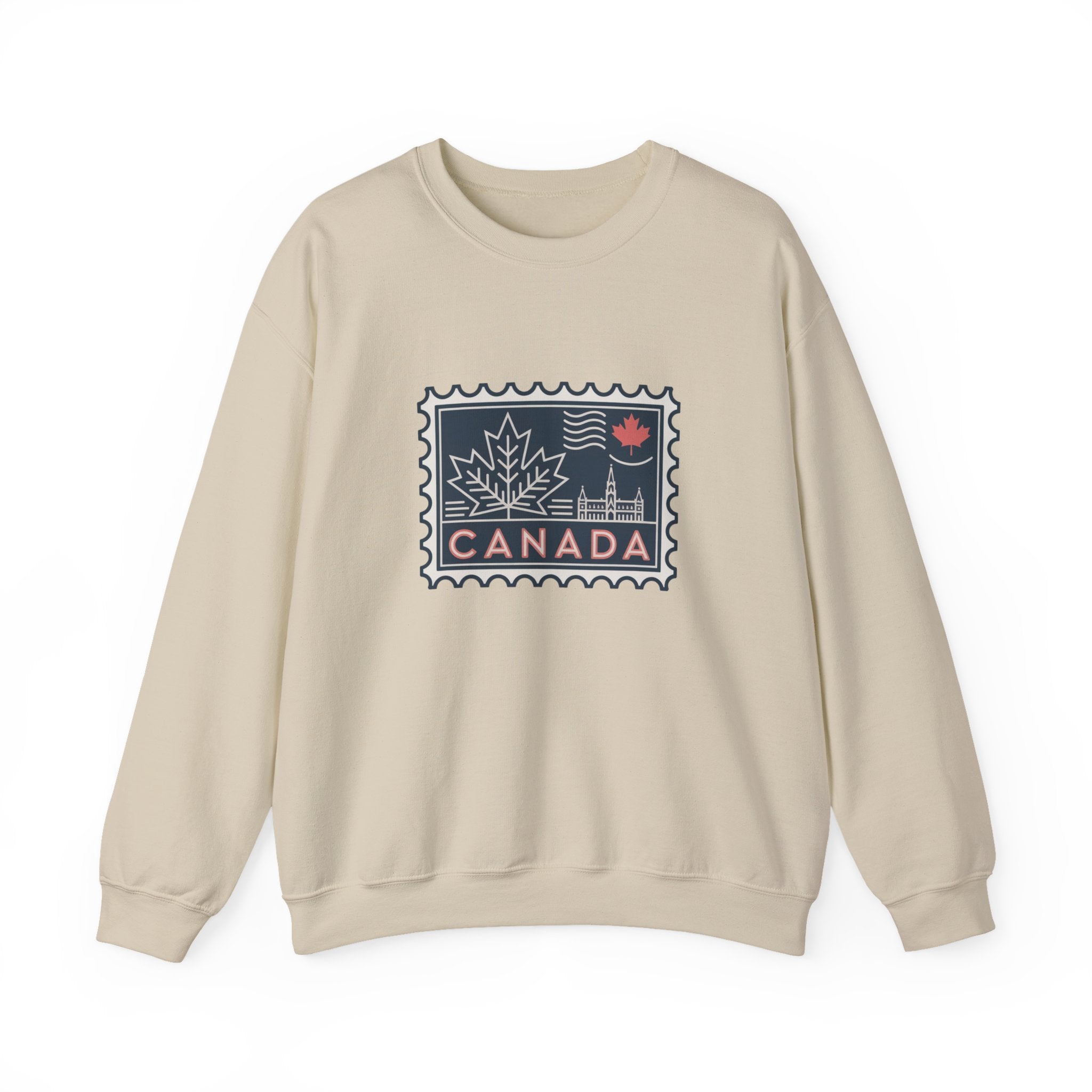 Canada Stamp Crewneck Sweatshirt — Retro Maple Leaf Canada Pullover