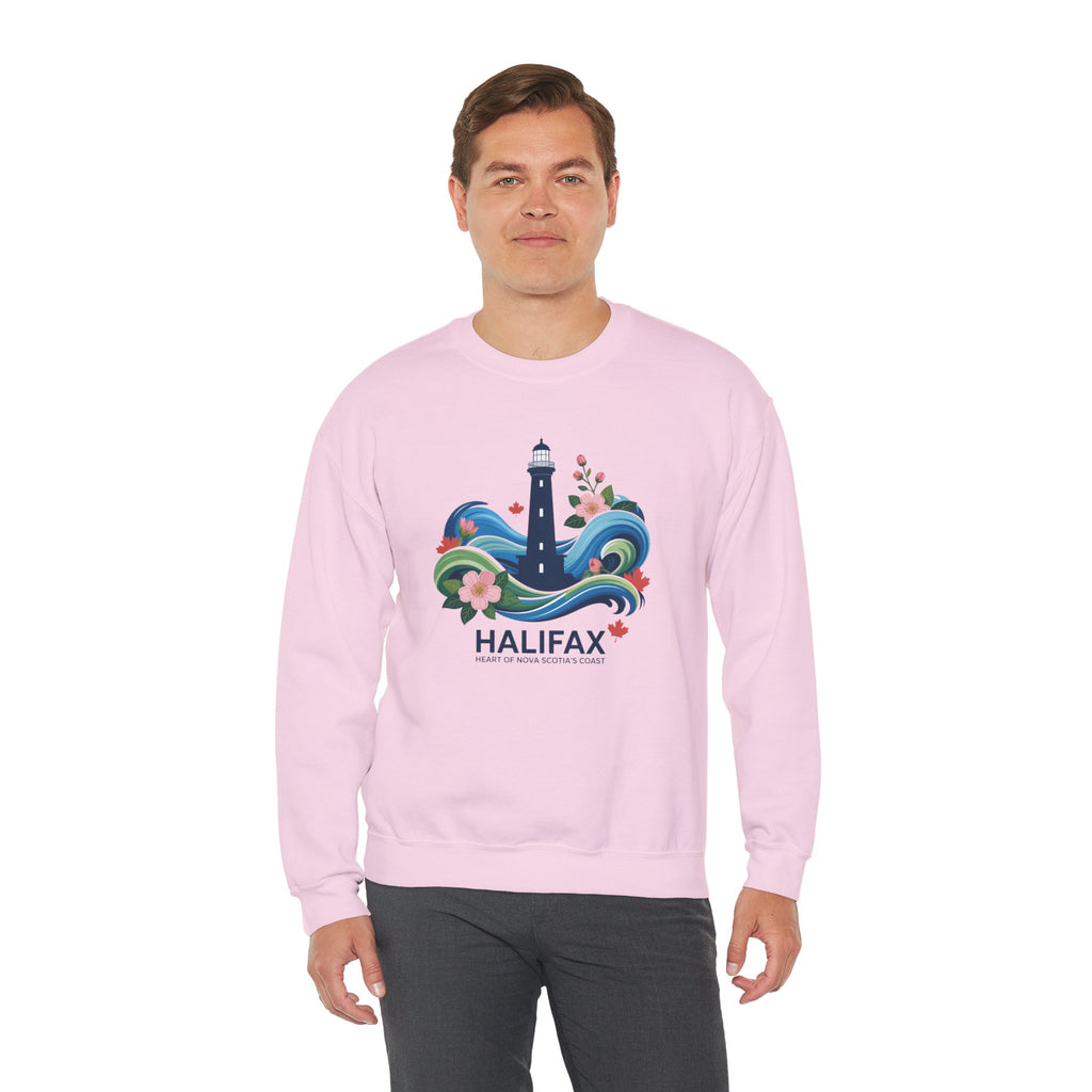 Halifax Lighthouse Crewneck Sweatshirt — Nautical Waves & Floral Travel Souvenir