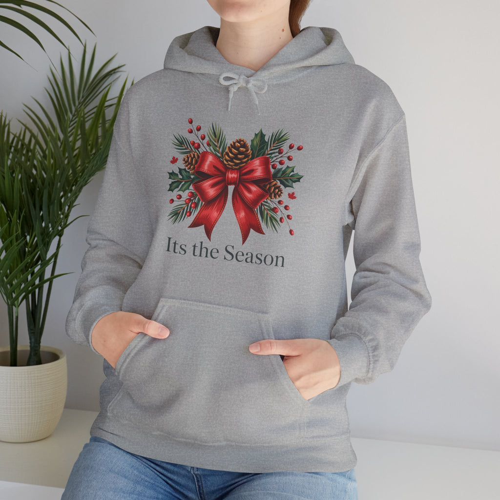 Christmas Wreath Hoodie – Festive Red Bow "Its the Season" Holiday Sweatshirt