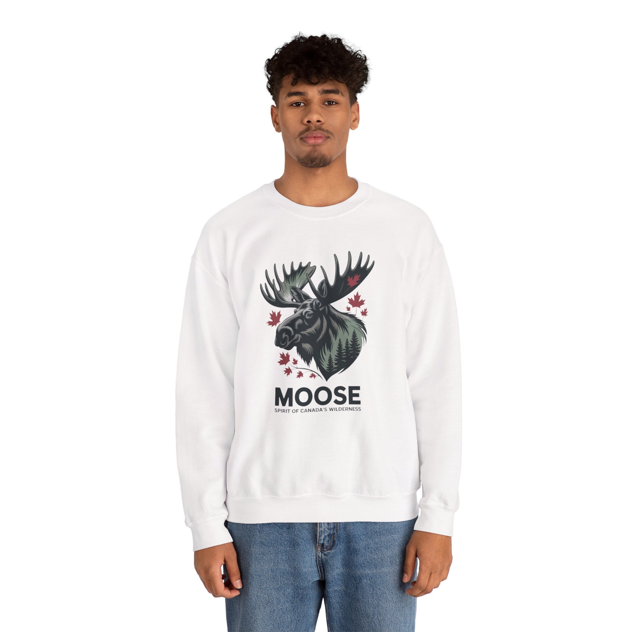 Moose Graphic Crewneck Sweatshirt — Canadian Moose Design with Maple Leaves