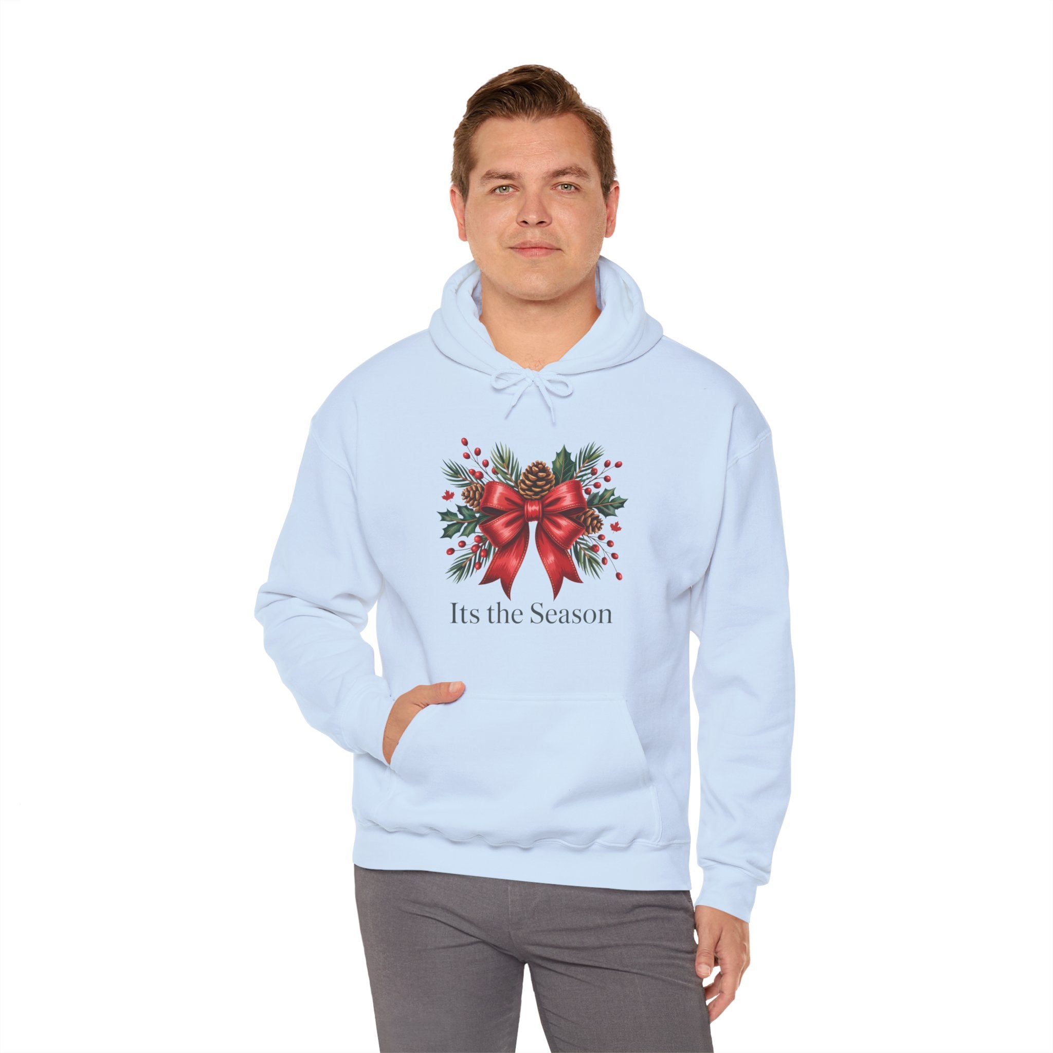 Christmas Wreath Hoodie – Festive Red Bow "Its the Season" Holiday Sweatshirt