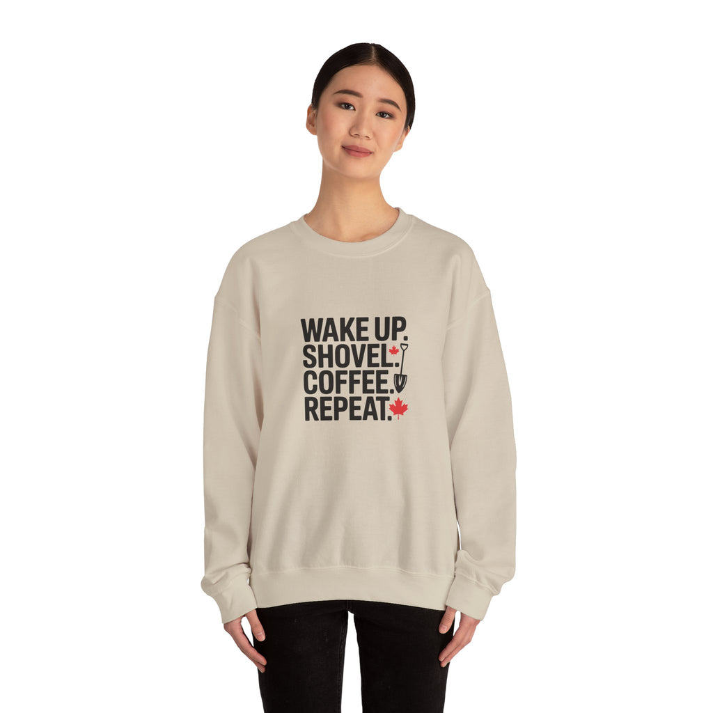 "Wake Up. Shovel. Coffee. Repeat." Winter Funny Crewneck Sweatshirt