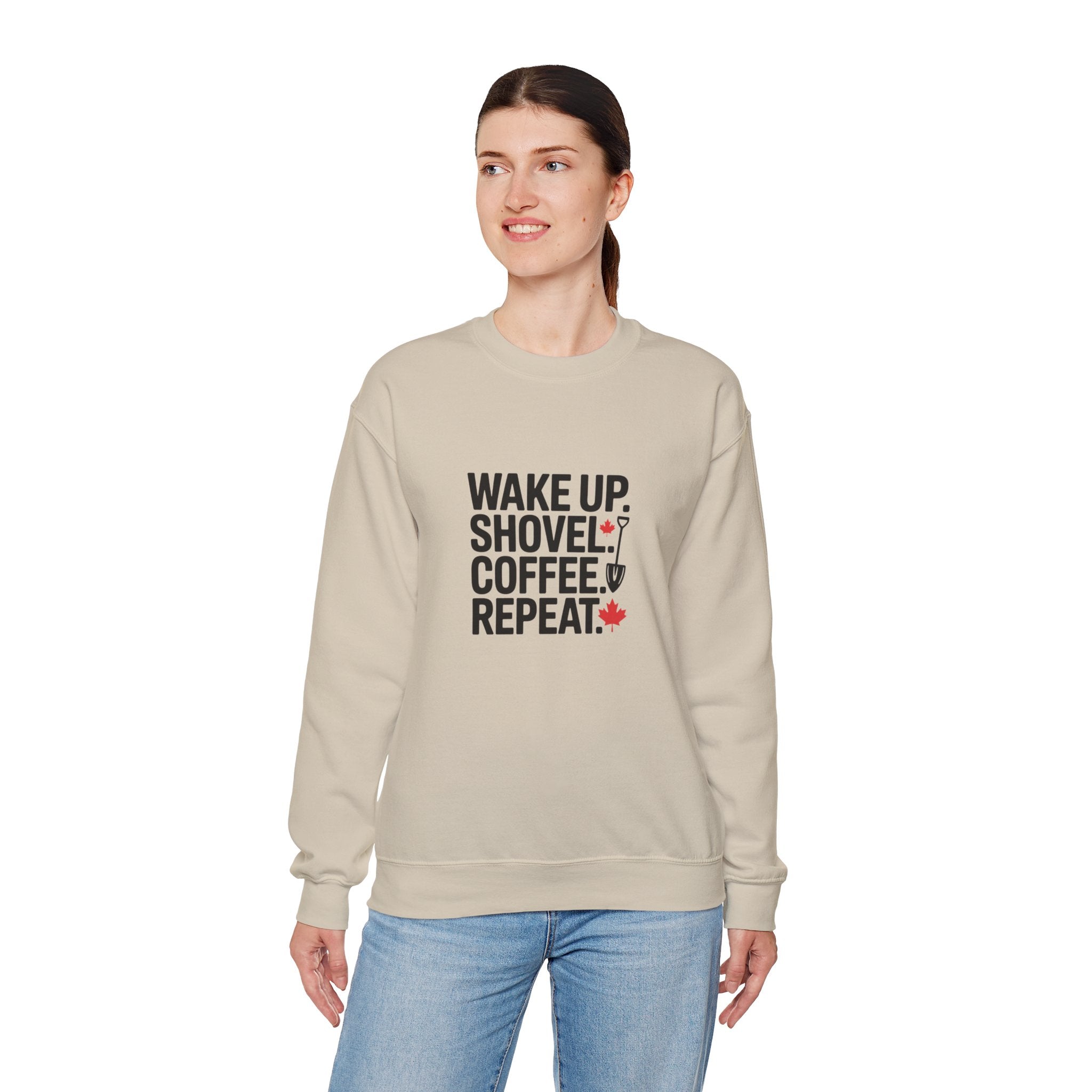 "Wake Up. Shovel. Coffee. Repeat." Winter Funny Crewneck Sweatshirt