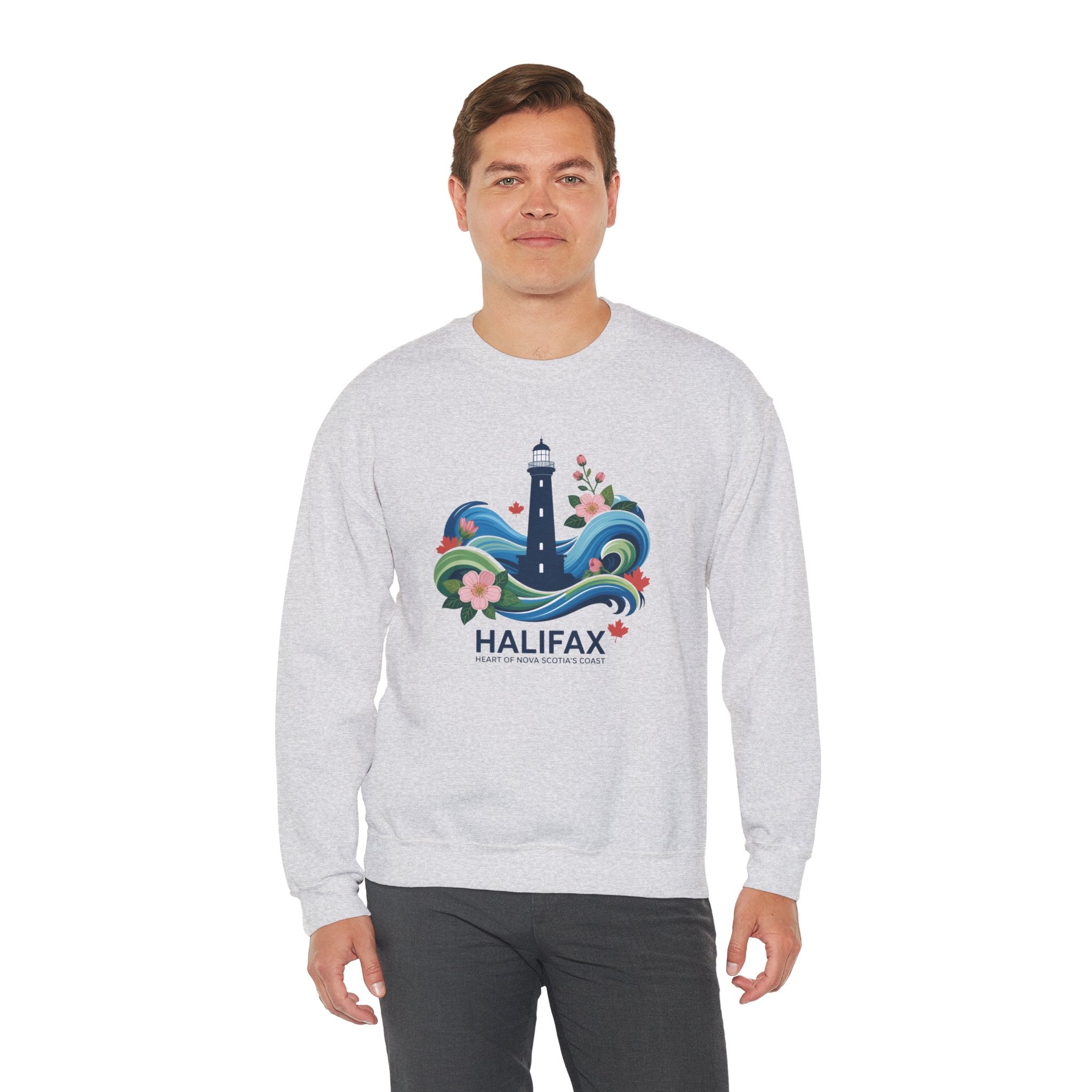 Halifax Lighthouse Crewneck Sweatshirt — Nautical Waves & Floral Travel Souvenir