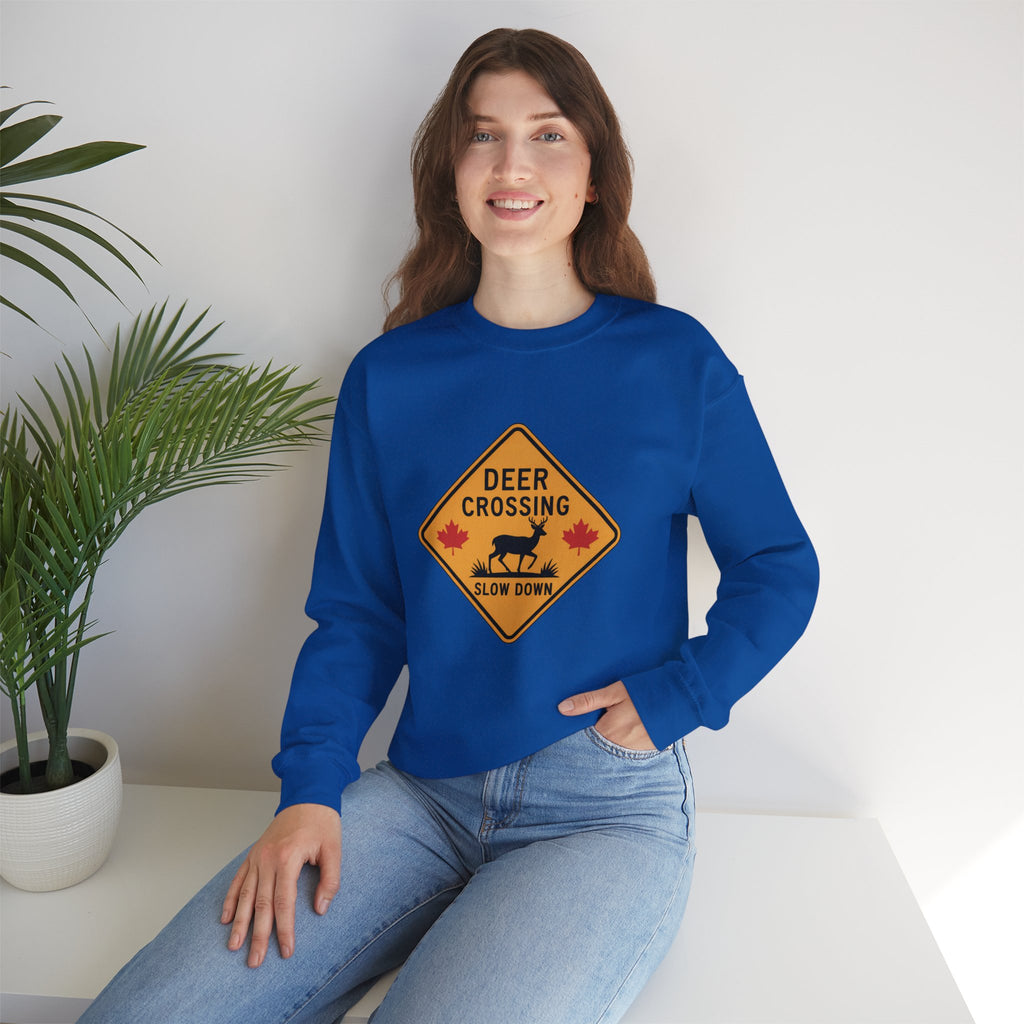 Deer Crossing Sweatshirt — 'Deer Crossing Slow Down' Road Sign Crewneck