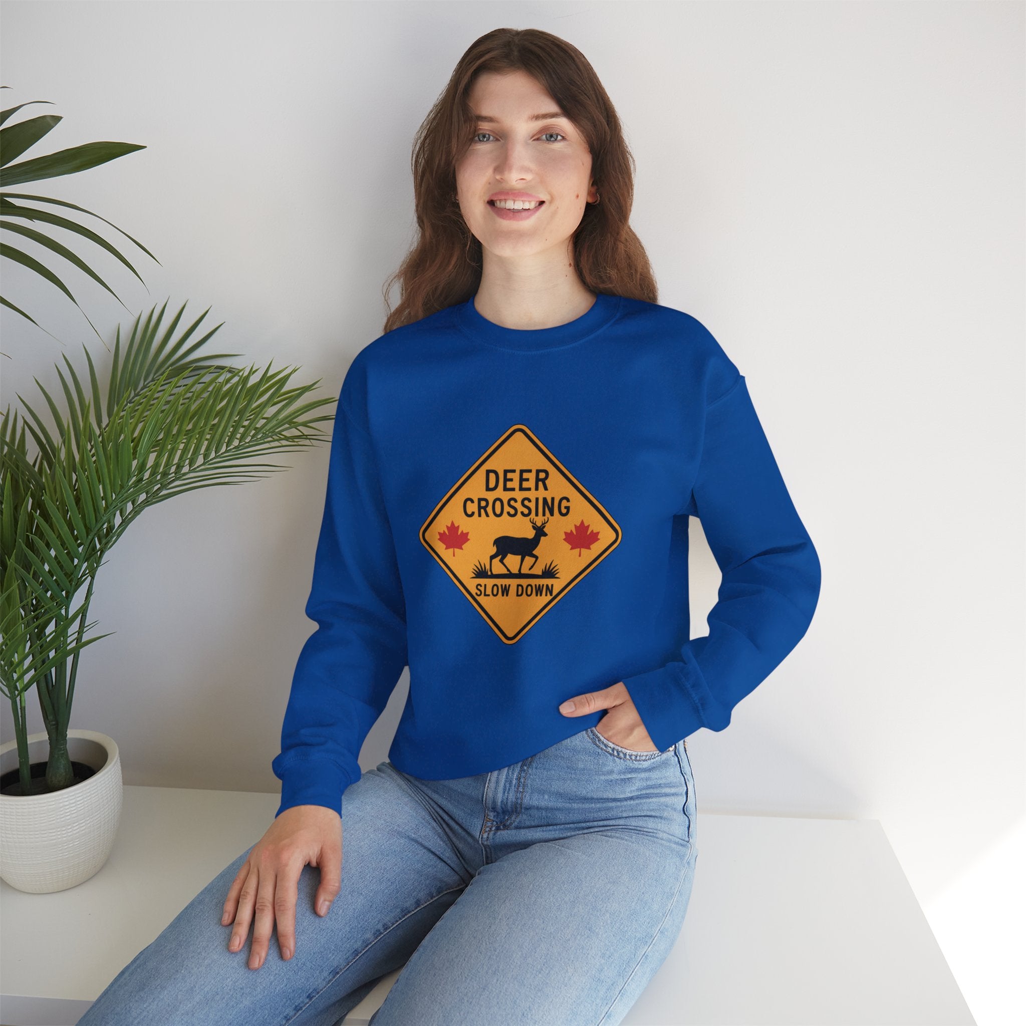 Deer Crossing Sweatshirt — 'Deer Crossing Slow Down' Road Sign Crewneck