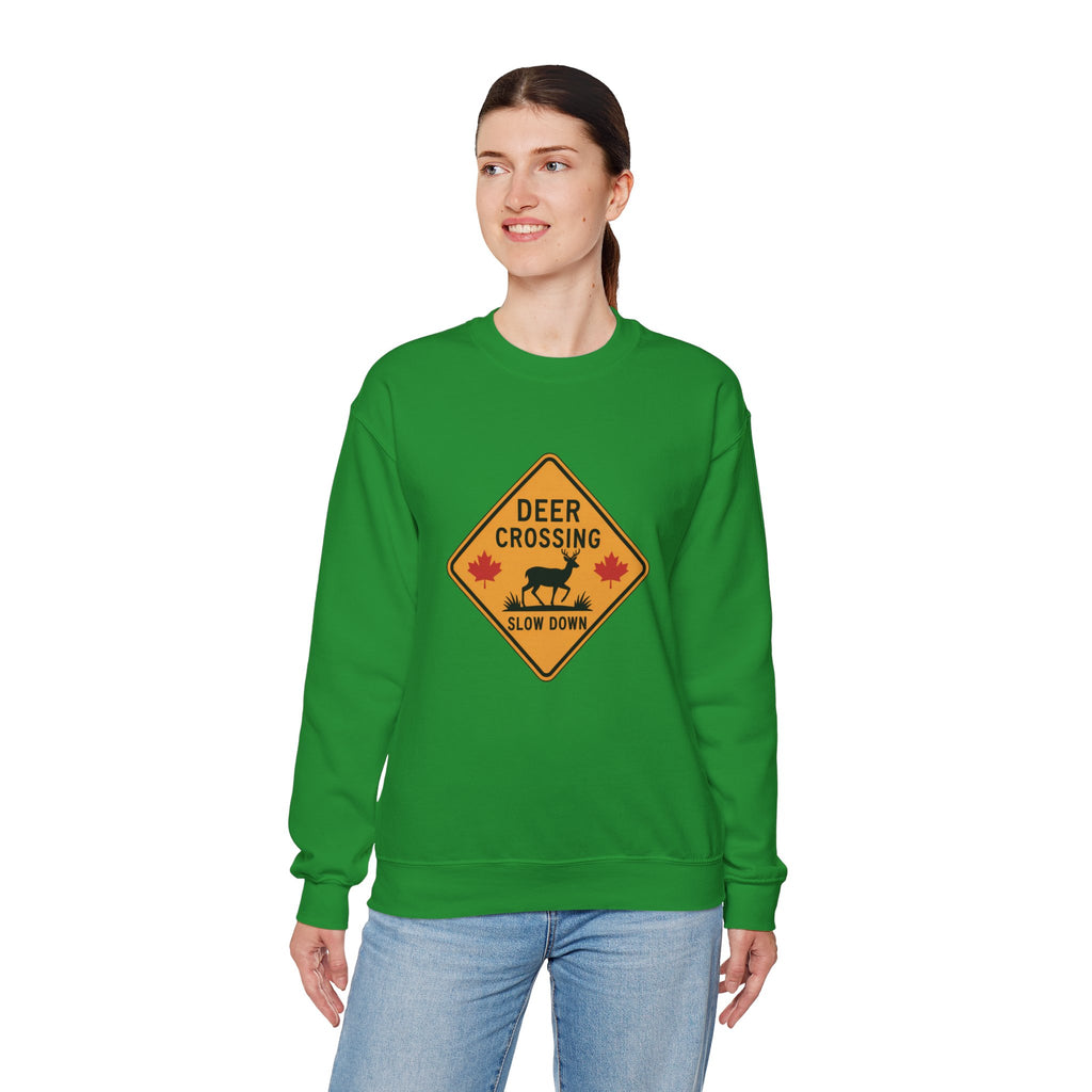 Deer Crossing Sweatshirt — 'Deer Crossing Slow Down' Road Sign Crewneck