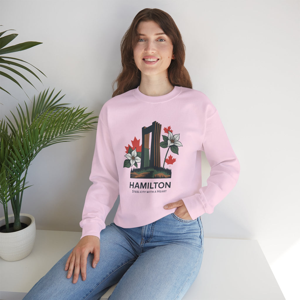 Hamilton Skyline Crewneck Sweatshirt — 'Hamilton: Steel City With A Heart' Canadian Maple Floral Design