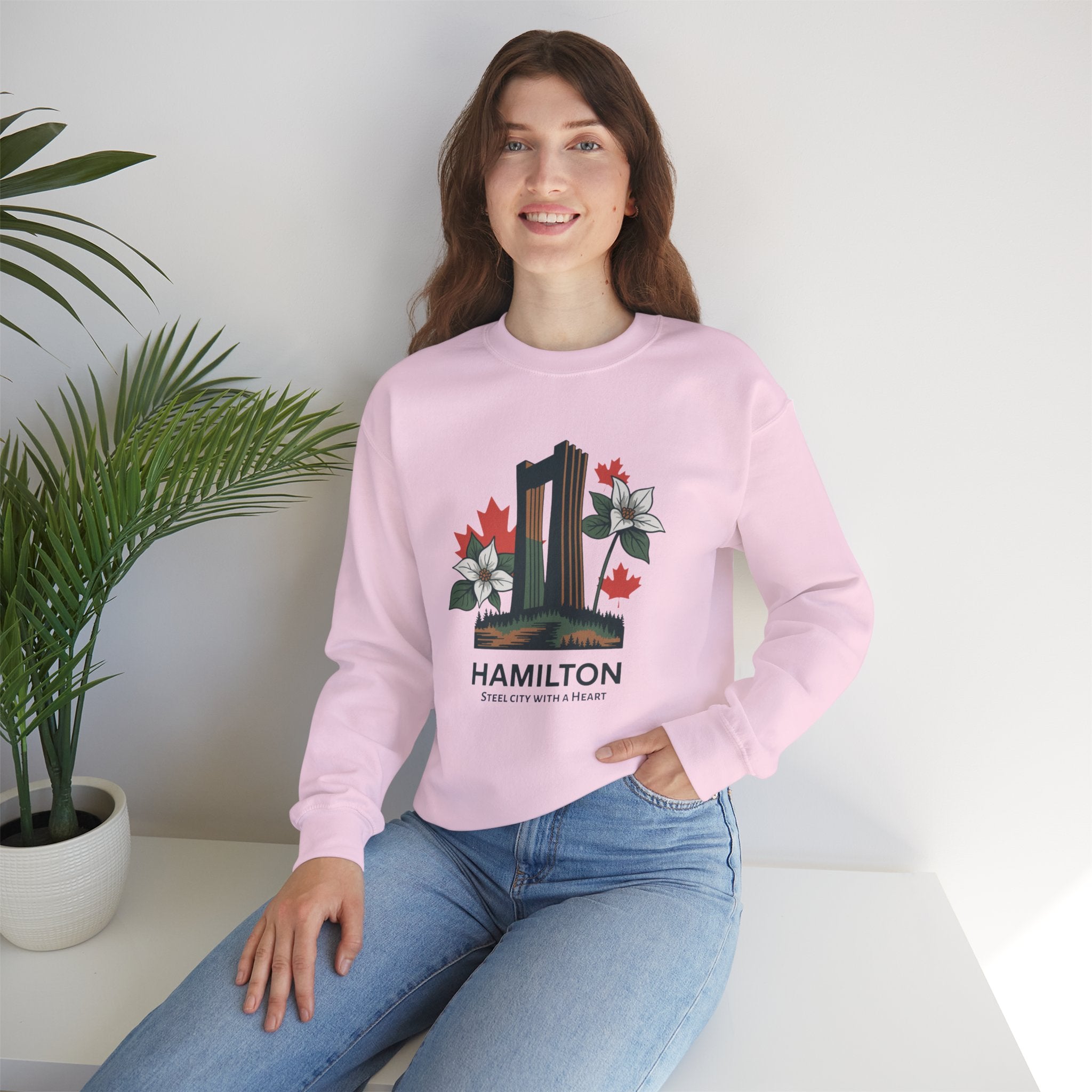 Hamilton Skyline Crewneck Sweatshirt — 'Hamilton: Steel City With A Heart' Canadian Maple Floral Design