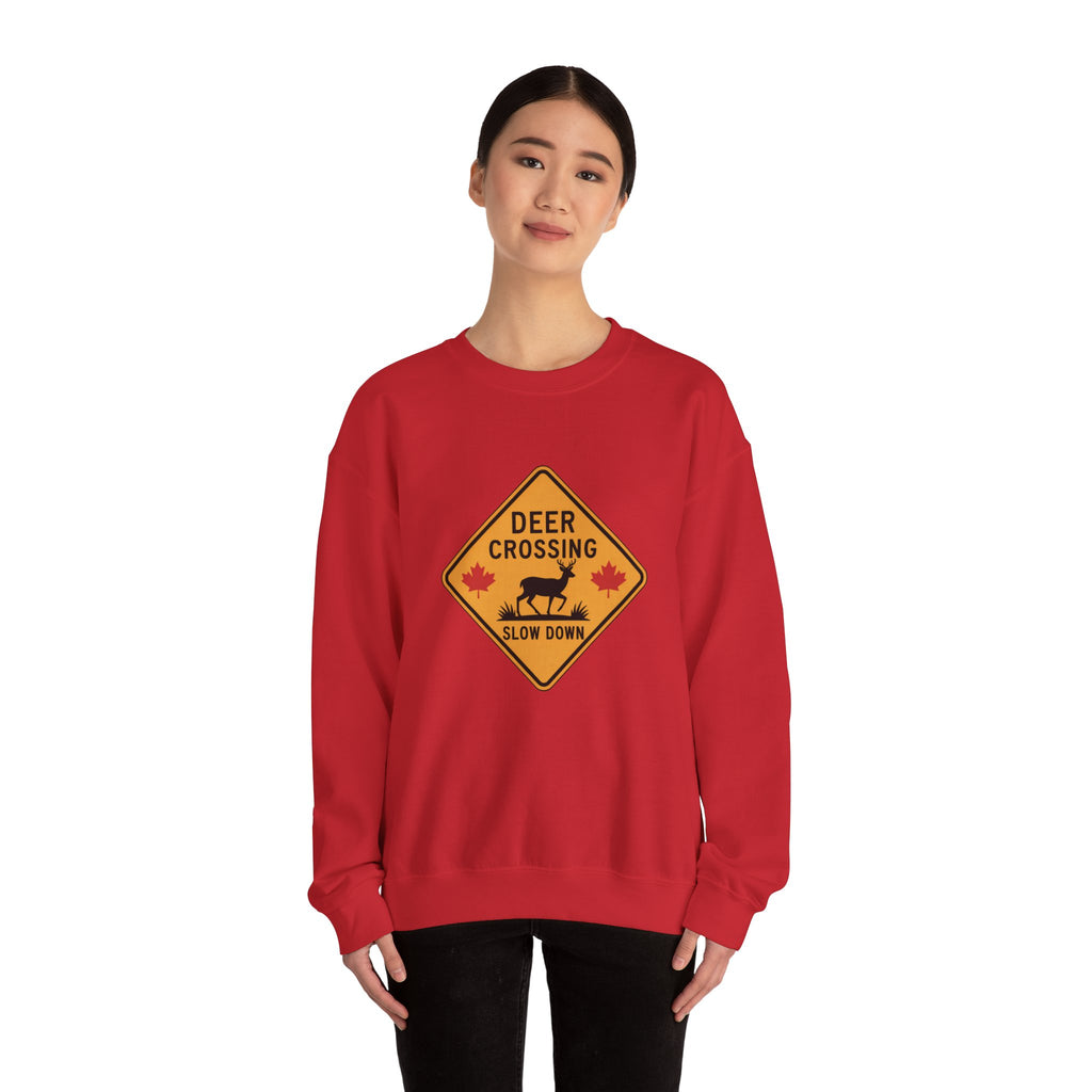 Deer Crossing Sweatshirt — 'Deer Crossing Slow Down' Road Sign Crewneck