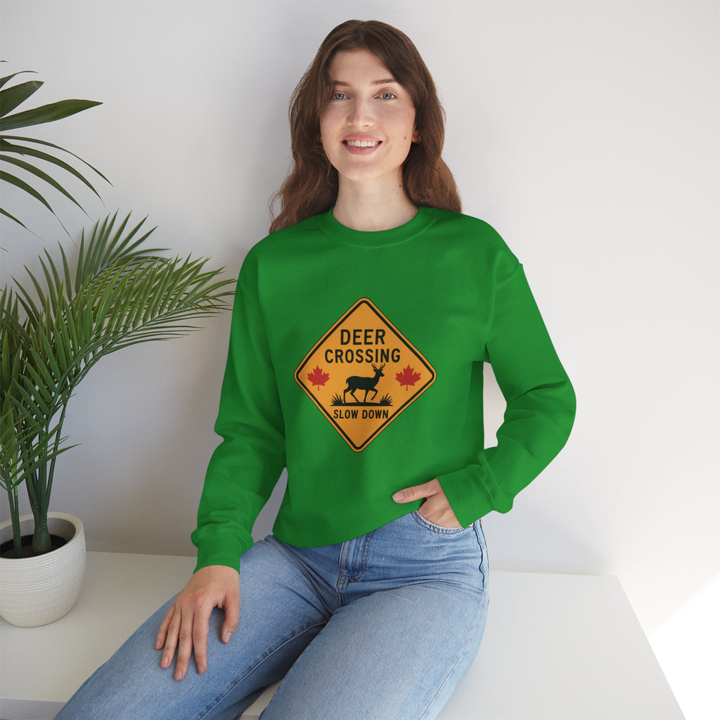 Deer Crossing Sweatshirt — 'Deer Crossing Slow Down' Road Sign Crewneck