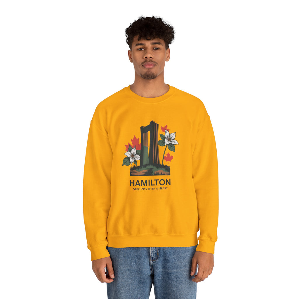 Hamilton Skyline Crewneck Sweatshirt — 'Hamilton: Steel City With A Heart' Canadian Maple Floral Design