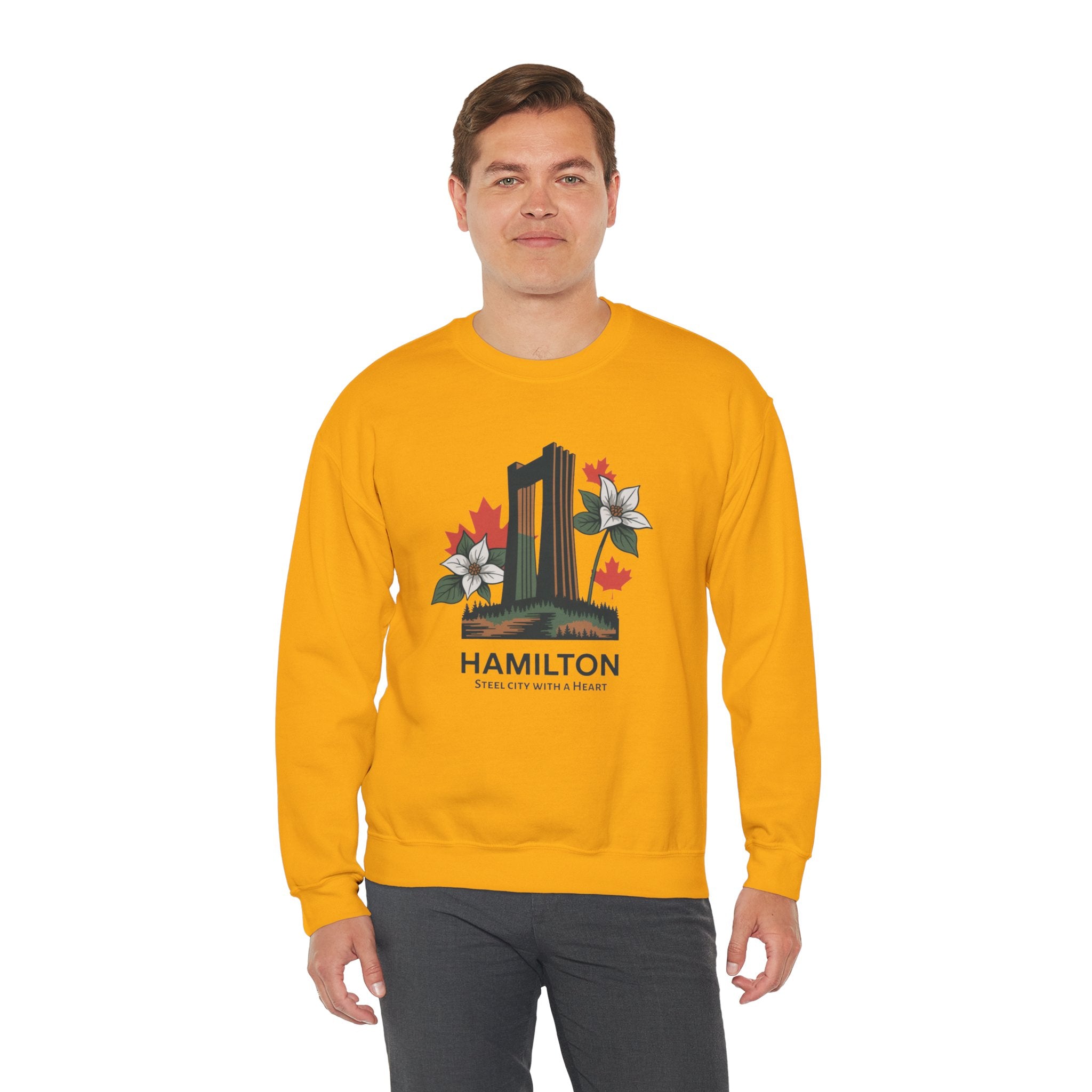 Hamilton Skyline Crewneck Sweatshirt — 'Hamilton: Steel City With A Heart' Canadian Maple Floral Design