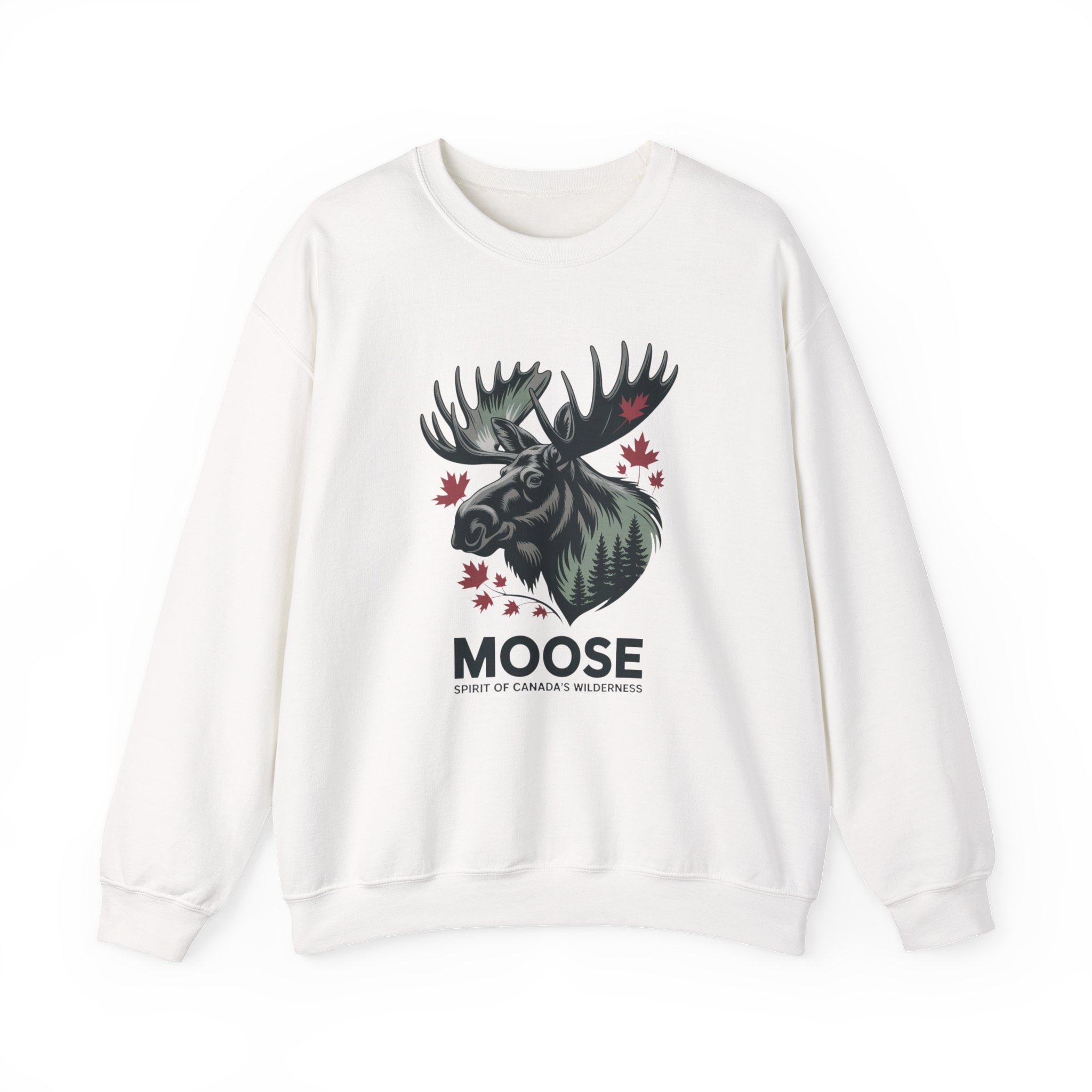 Moose Graphic Crewneck Sweatshirt — Canadian Moose Design with Maple Leaves