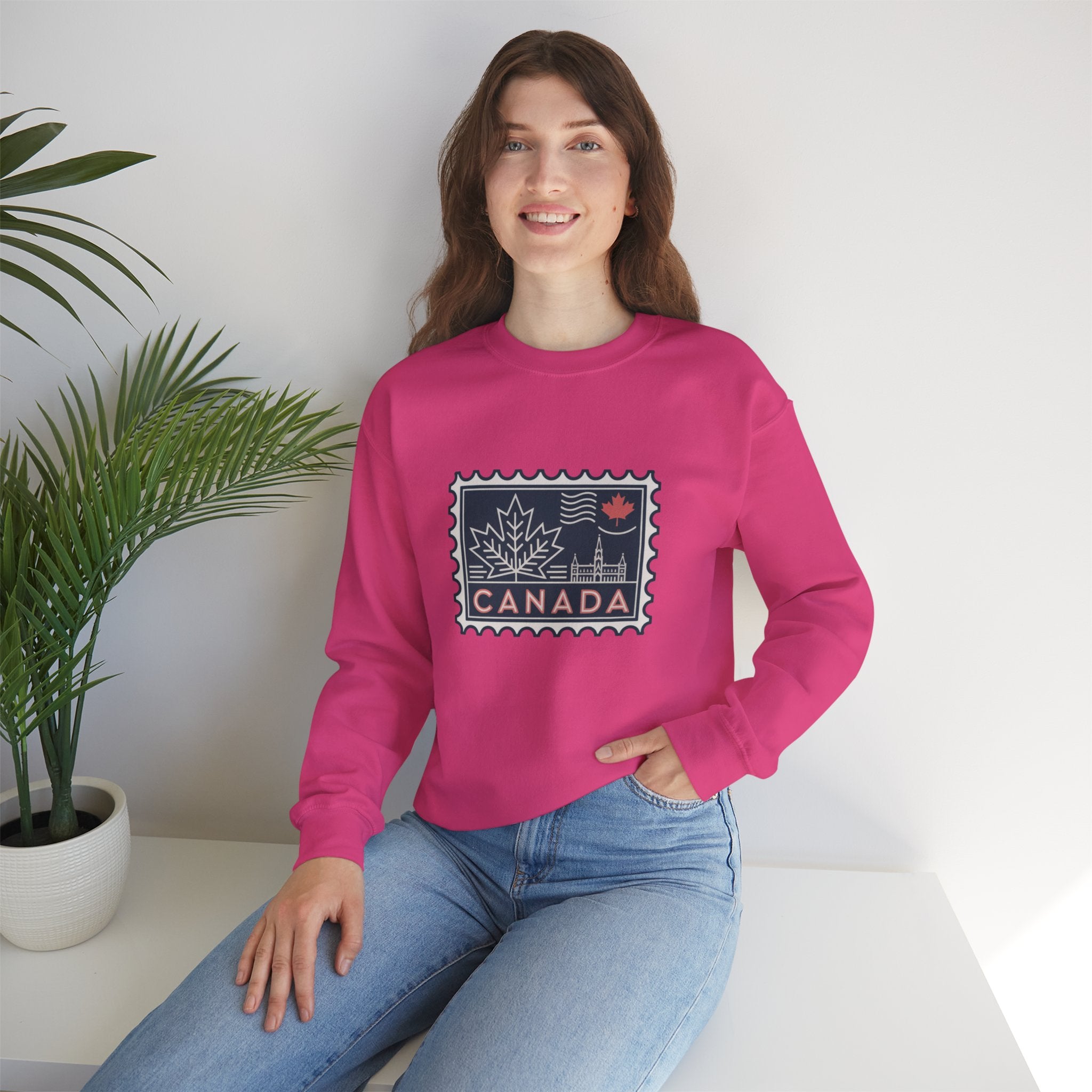 Canada Stamp Crewneck Sweatshirt — Retro Maple Leaf Canada Pullover