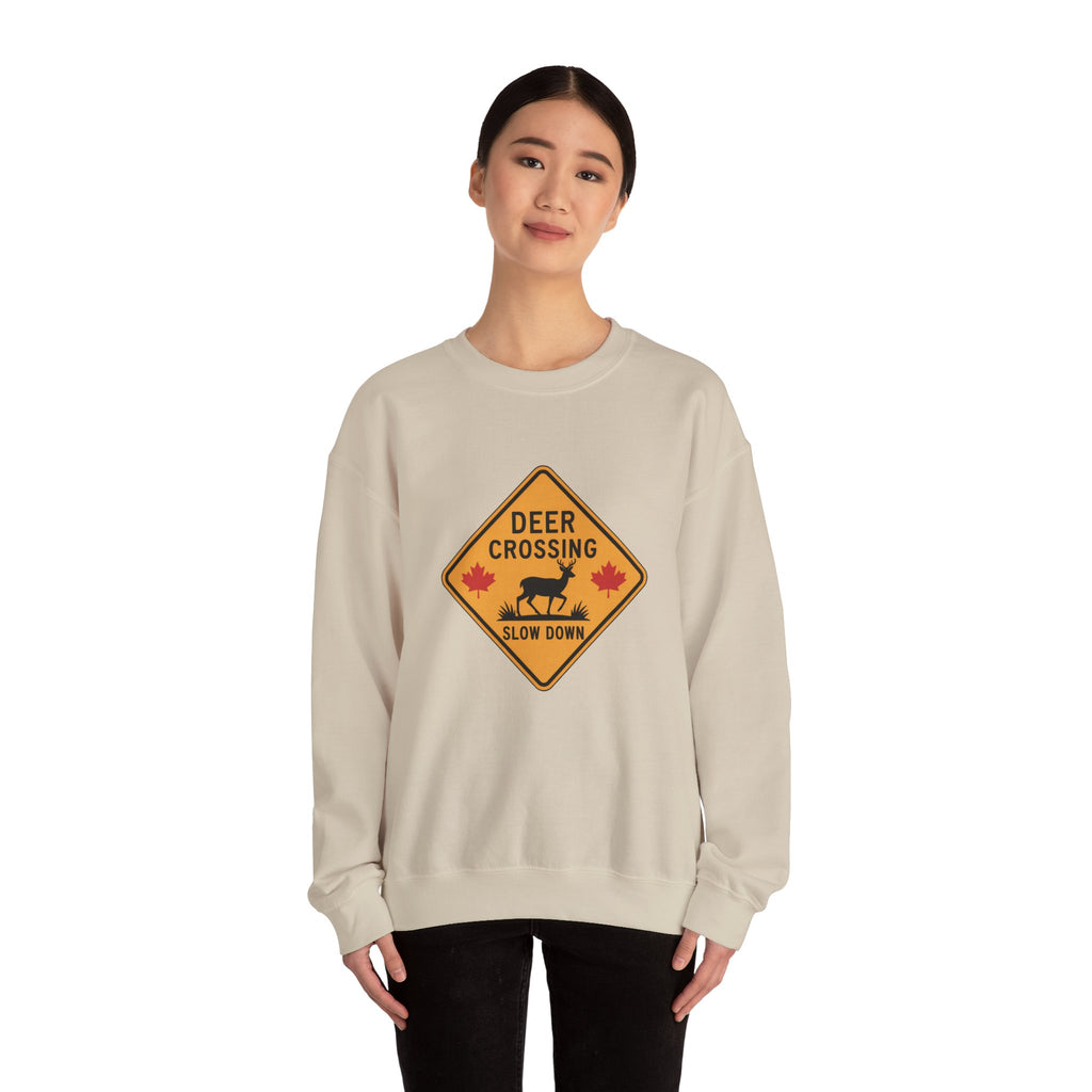 Deer Crossing Sweatshirt — 'Deer Crossing Slow Down' Road Sign Crewneck
