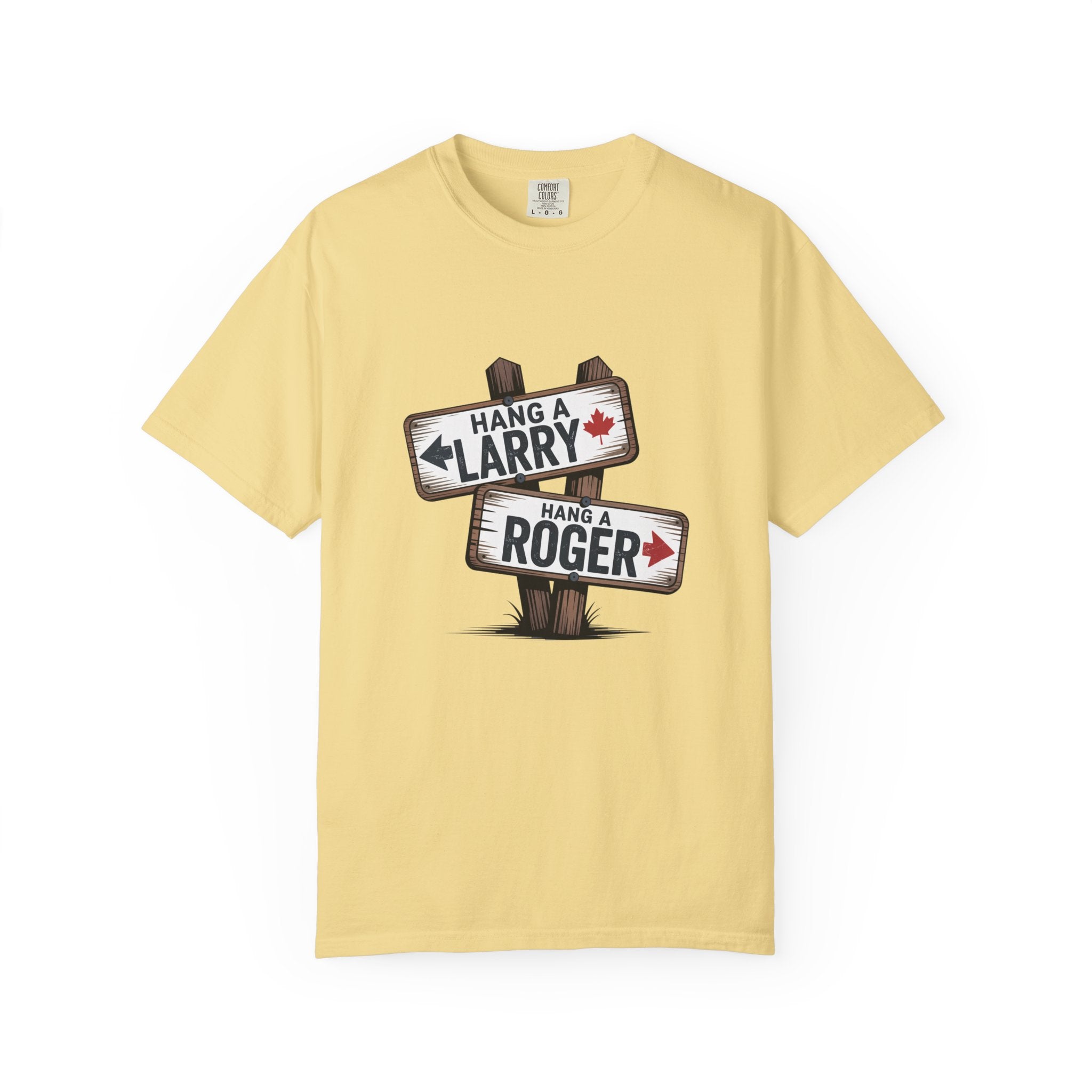 'Hang a Larry Hang a Roger' Signpost T-Shirt — Retro Roadside Humor Tee