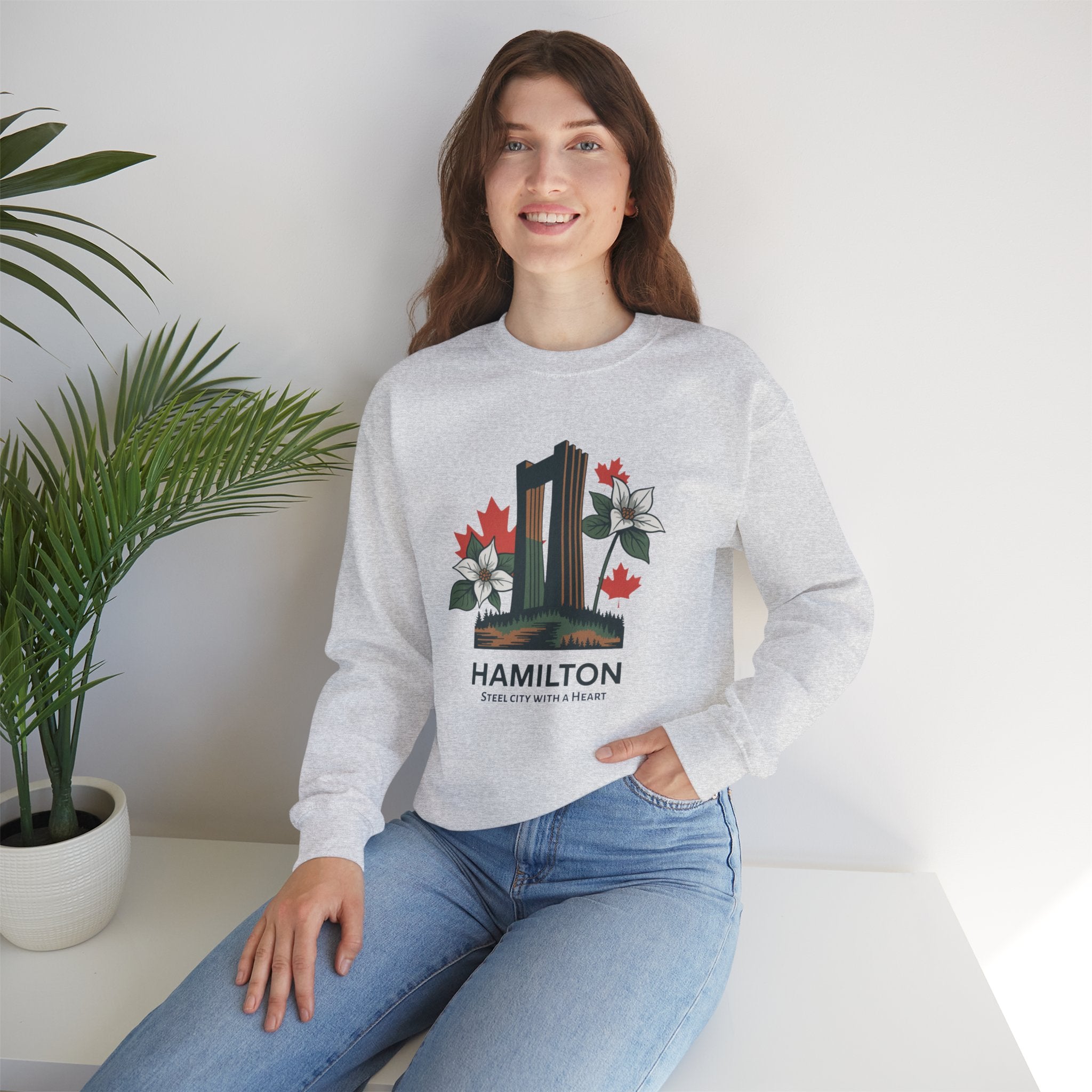 Hamilton Skyline Crewneck Sweatshirt — 'Hamilton: Steel City With A Heart' Canadian Maple Floral Design