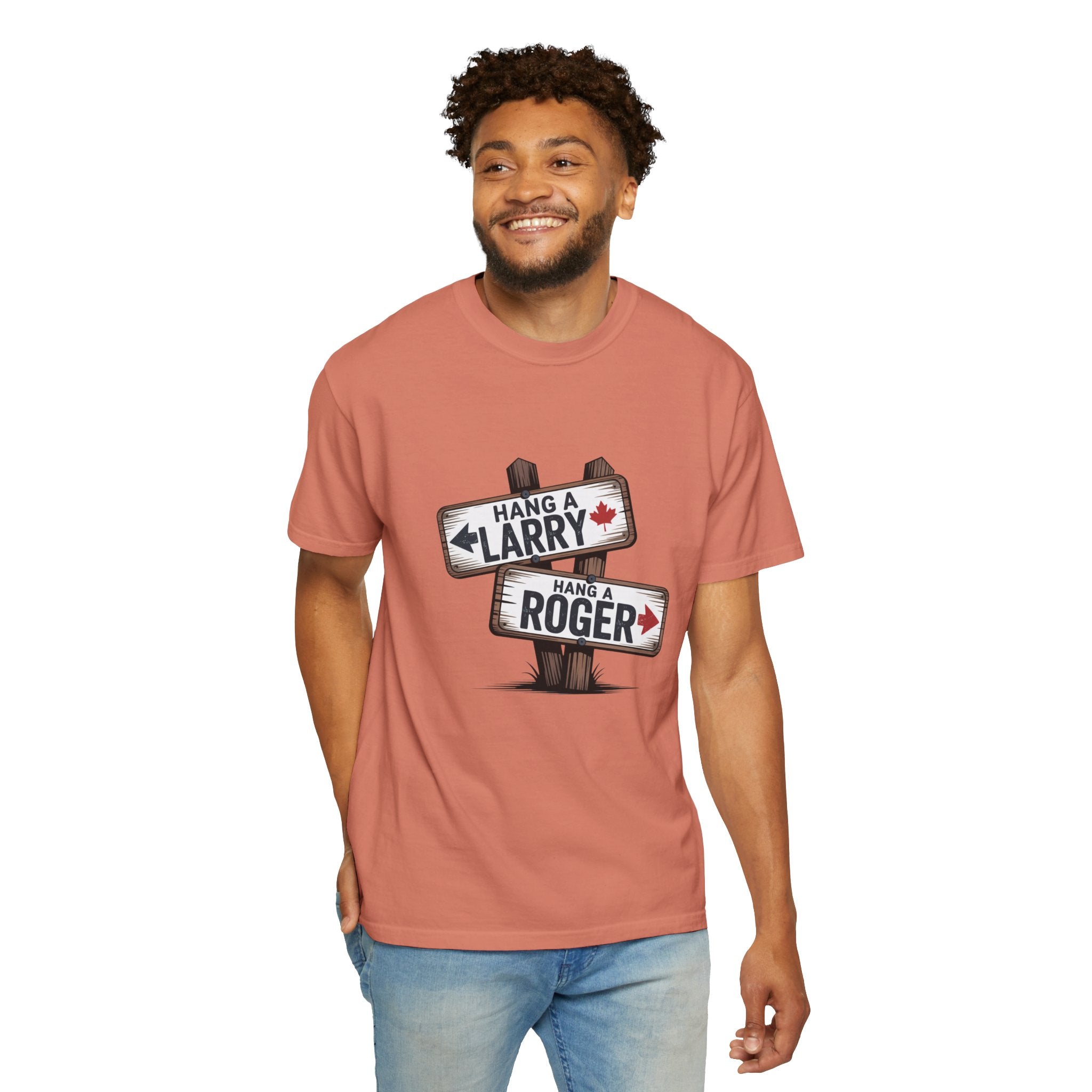 'Hang a Larry Hang a Roger' Signpost T-Shirt — Retro Roadside Humor Tee