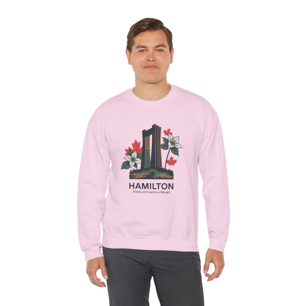 Hamilton Skyline Crewneck Sweatshirt — 'Hamilton: Steel City With A Heart' Canadian Maple Floral Design