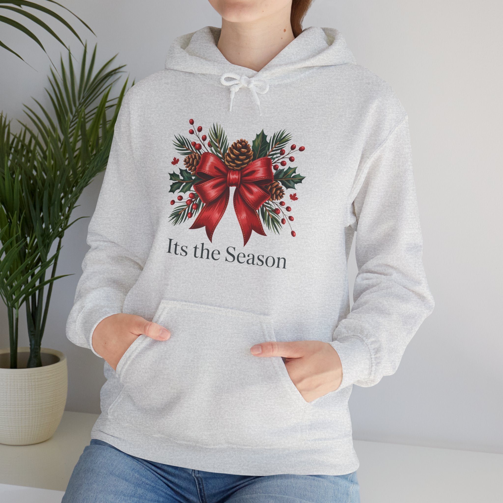Christmas Wreath Hoodie – Festive Red Bow "Its the Season" Holiday Sweatshirt