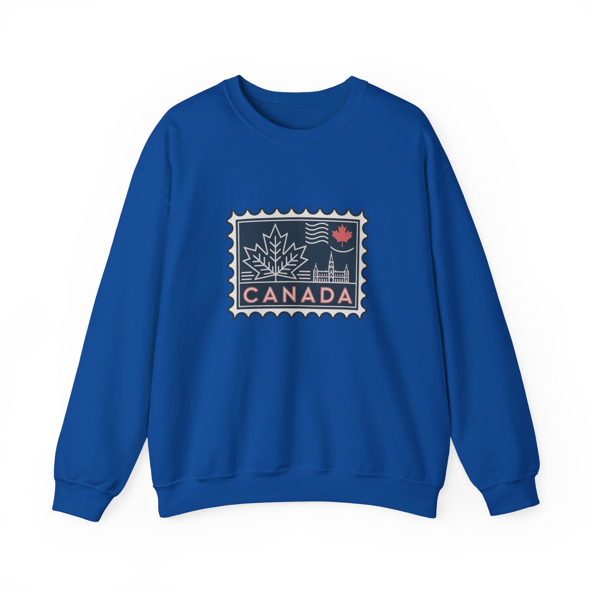 Canada Stamp Crewneck Sweatshirt — Retro Maple Leaf Canada Pullover