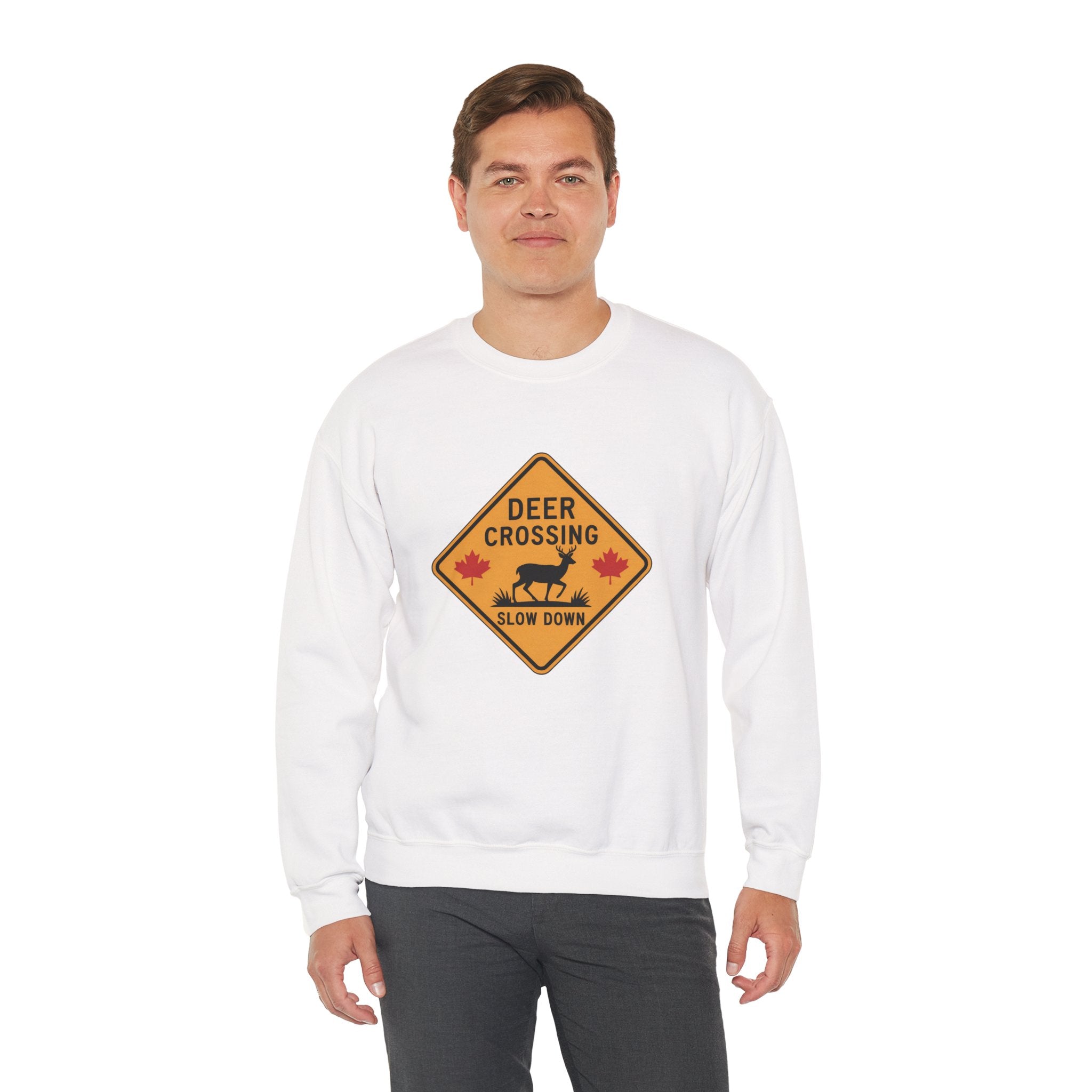 Deer Crossing Sweatshirt — 'Deer Crossing Slow Down' Road Sign Crewneck