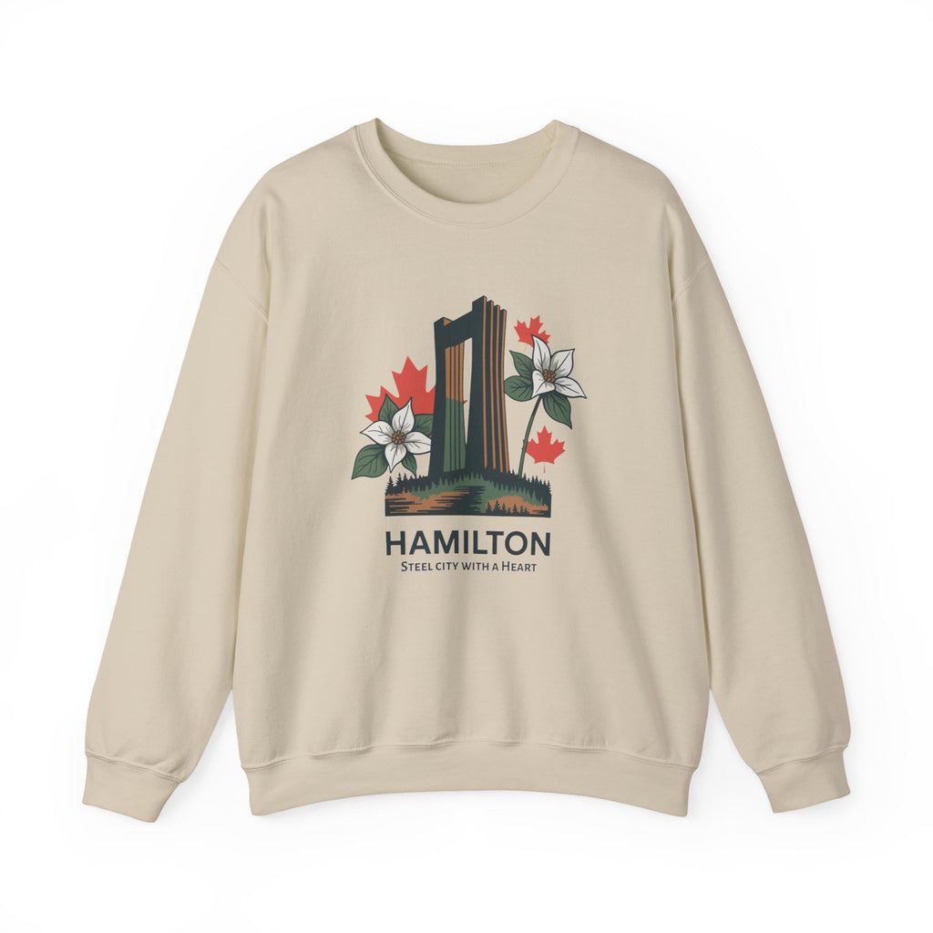 Hamilton Skyline Crewneck Sweatshirt — 'Hamilton: Steel City With A Heart' Canadian Maple Floral Design