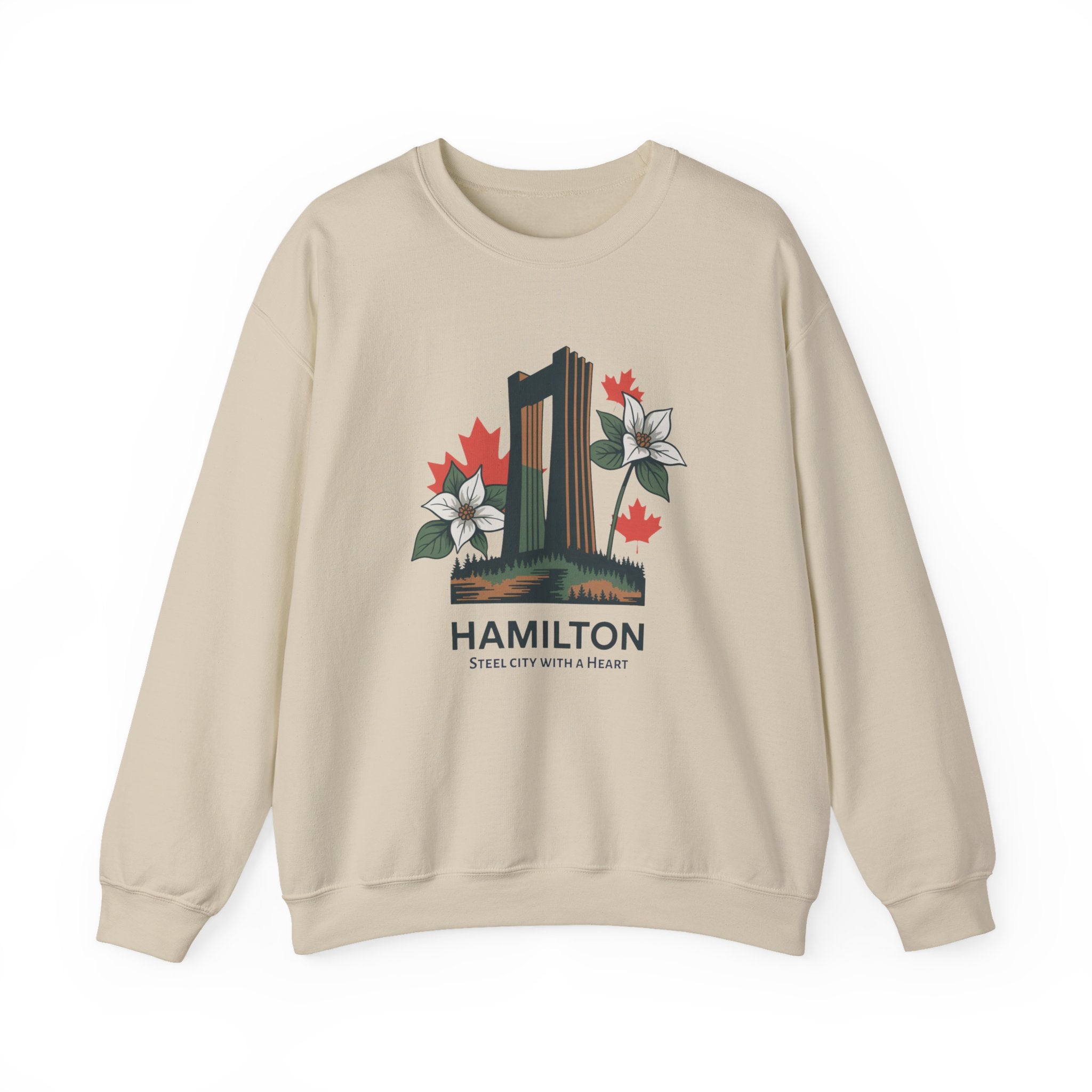 Hamilton Skyline Crewneck Sweatshirt — 'Hamilton: Steel City With A Heart' Canadian Maple Floral Design