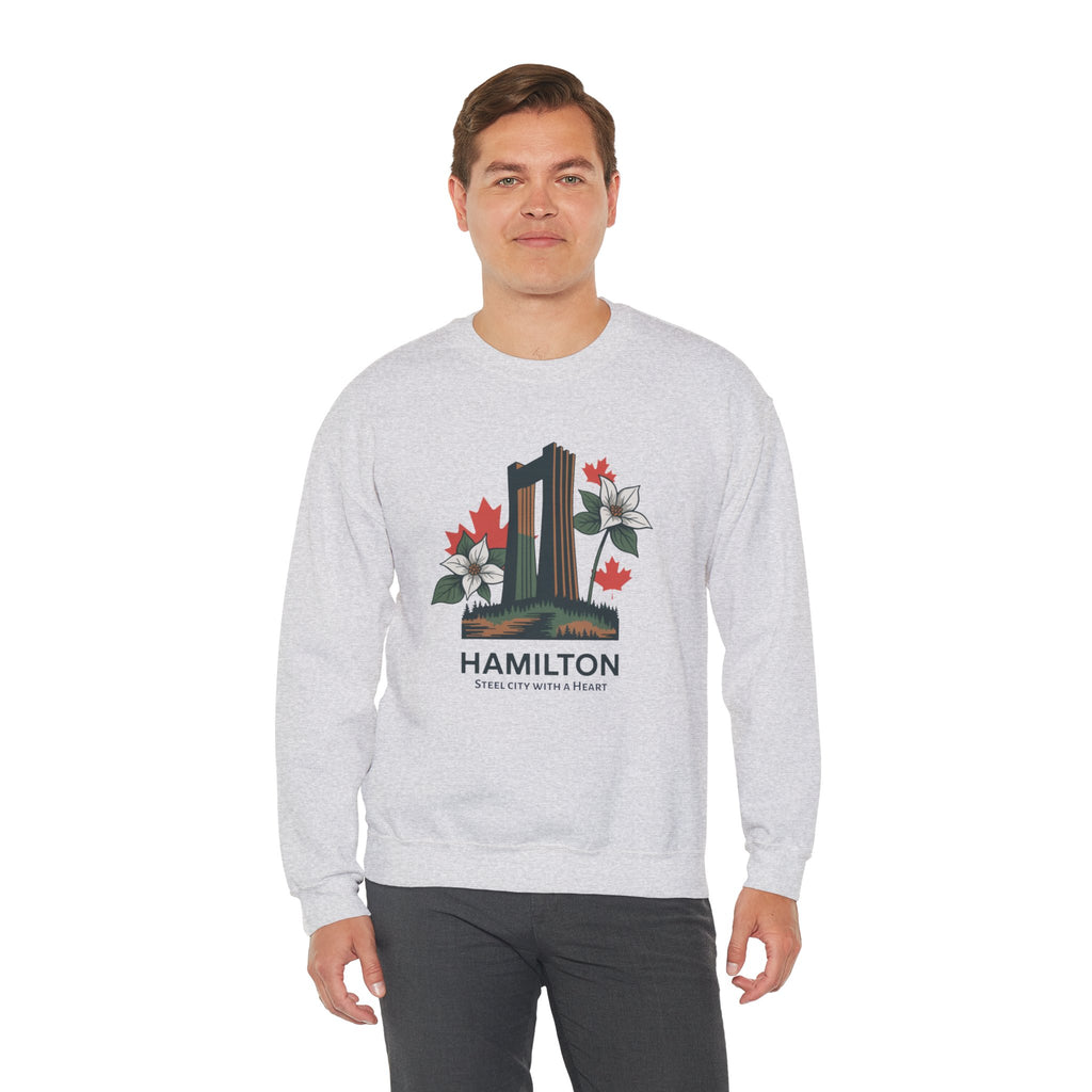 Hamilton Skyline Crewneck Sweatshirt — 'Hamilton: Steel City With A Heart' Canadian Maple Floral Design