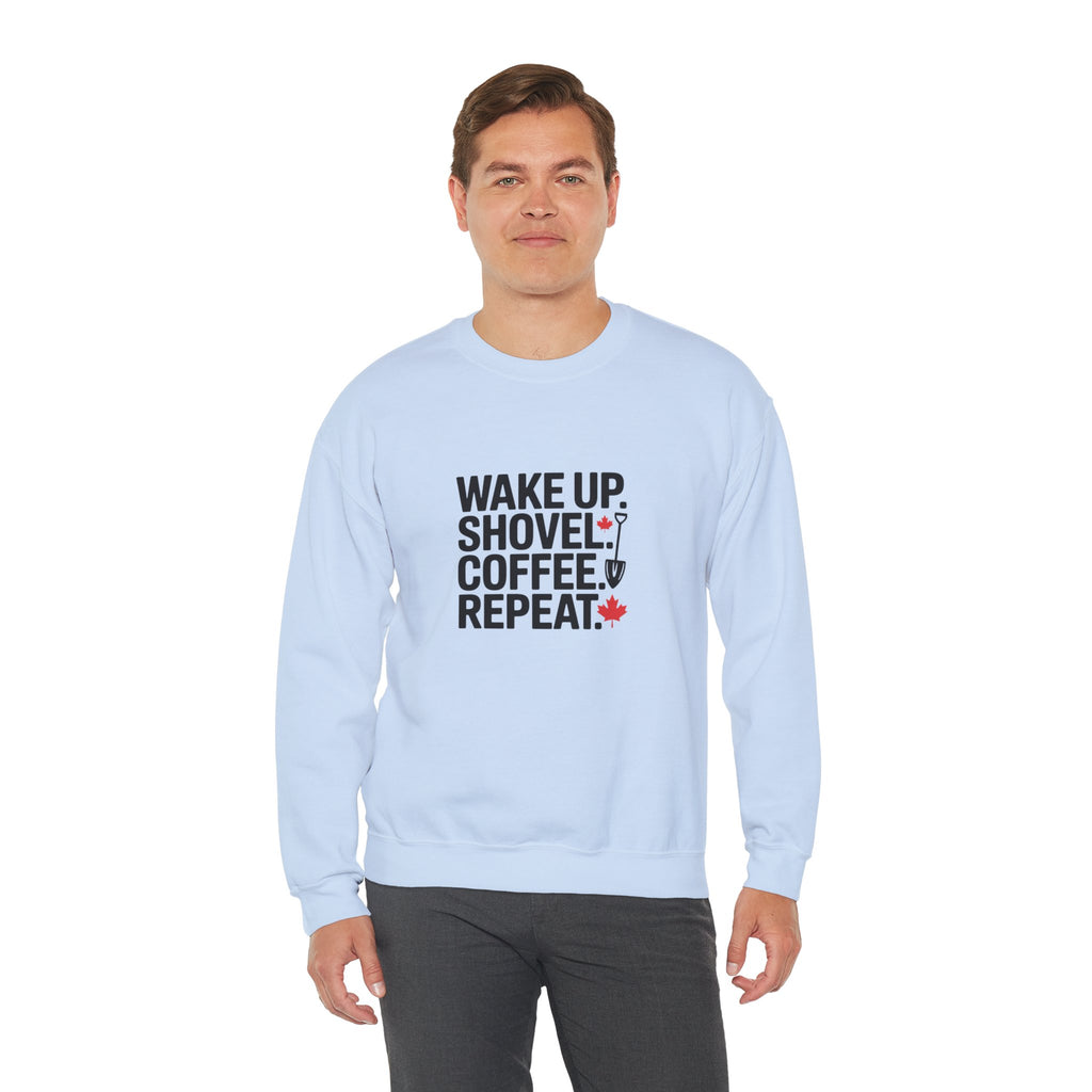 "Wake Up. Shovel. Coffee. Repeat." Winter Funny Crewneck Sweatshirt