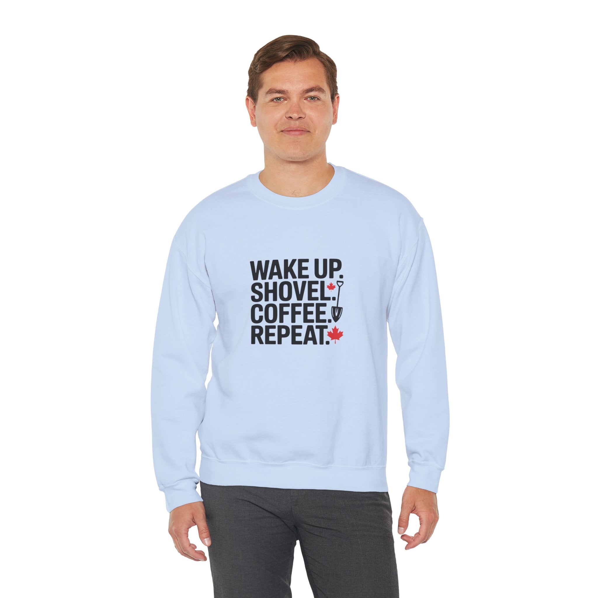 "Wake Up. Shovel. Coffee. Repeat." Winter Funny Crewneck Sweatshirt