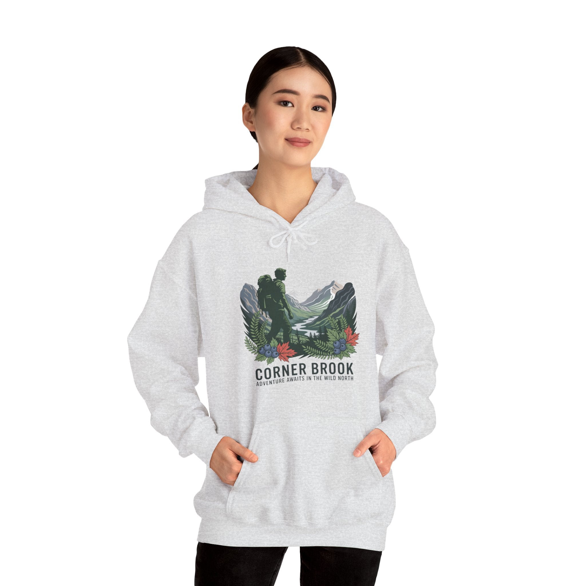 Corner Brook Mountain Landscape Hoodie — Scenic Nature Graphic Sweatshirt