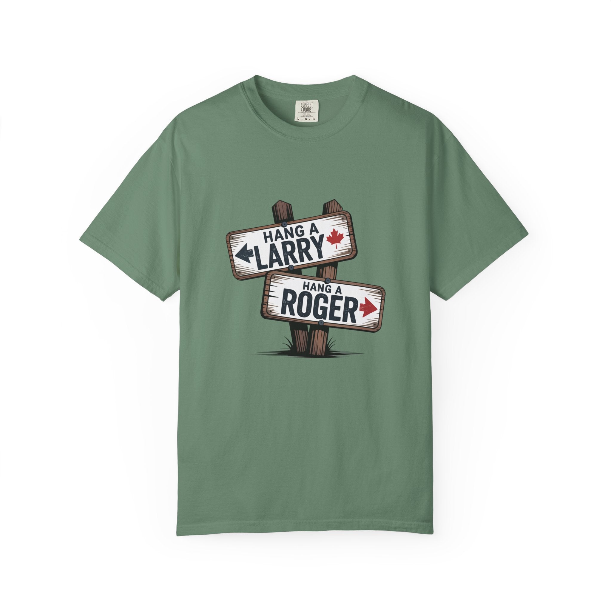 'Hang a Larry Hang a Roger' Signpost T-Shirt — Retro Roadside Humor Tee