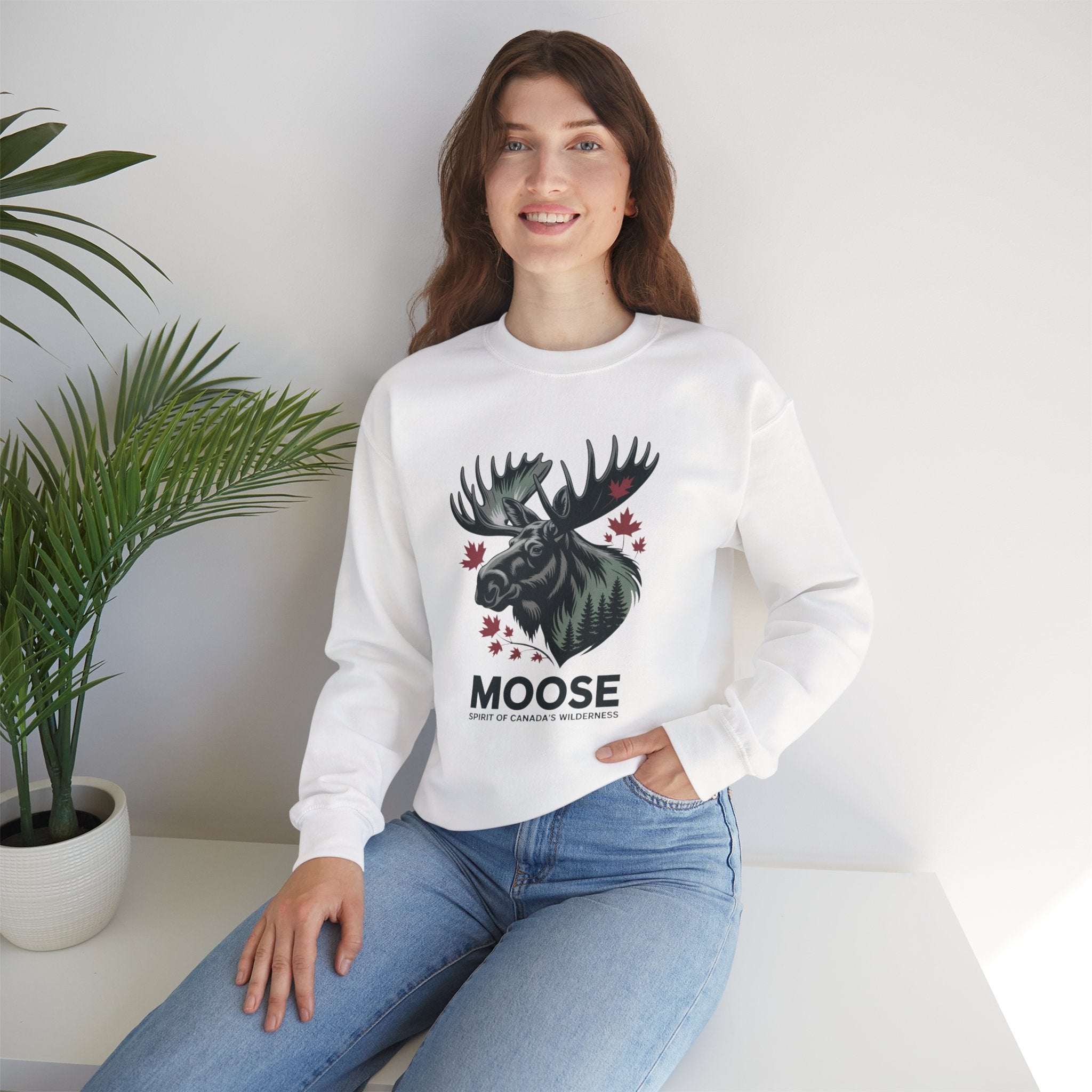 Moose Graphic Crewneck Sweatshirt — Canadian Moose Design with Maple Leaves
