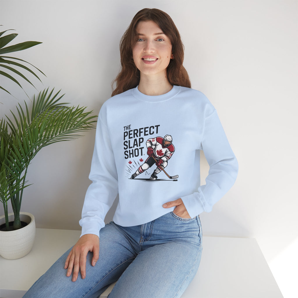 Hockey Slap Shot Sweatshirt — "The Perfect Slap Shot" Crewneck for Players & Fans