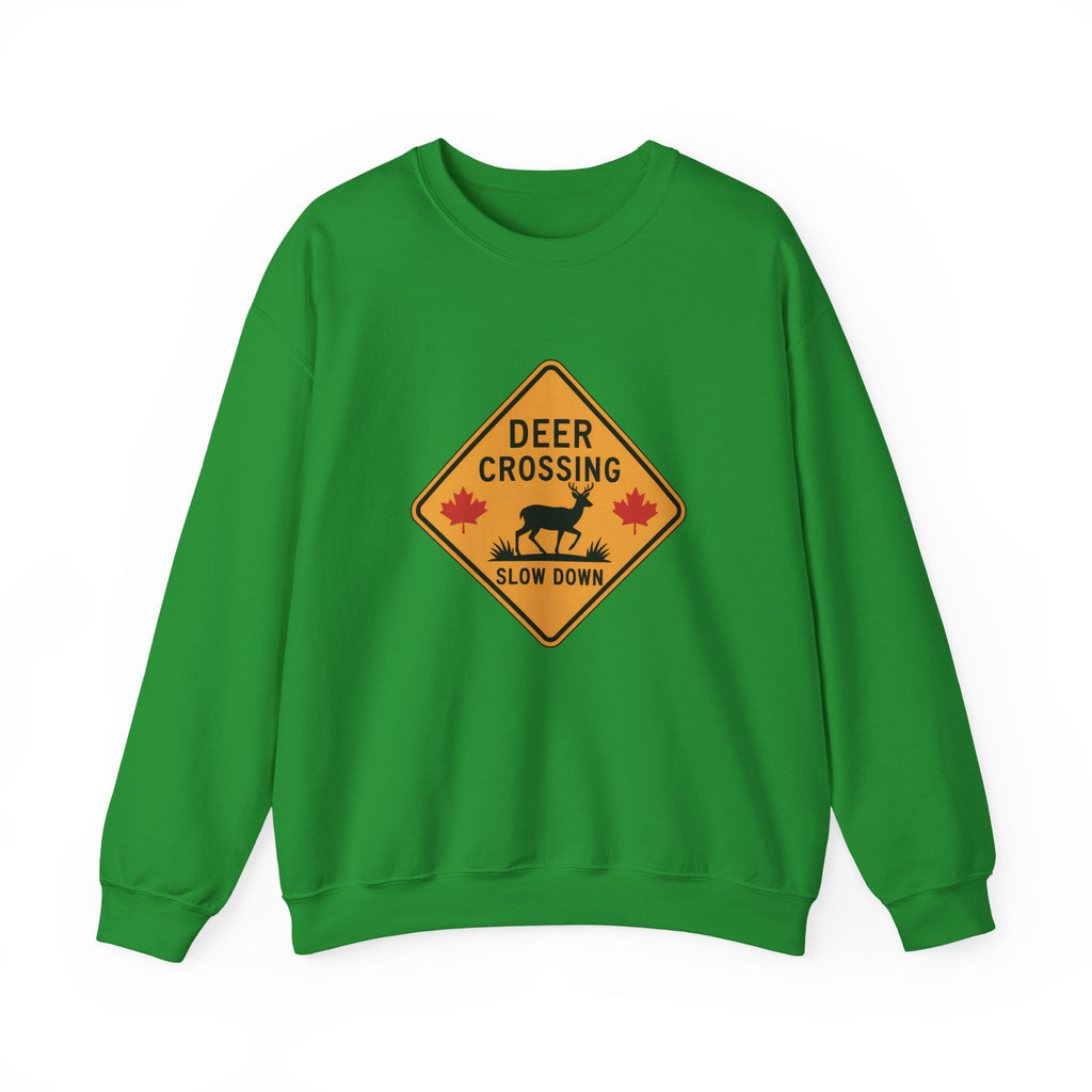 Deer Crossing Sweatshirt — 'Deer Crossing Slow Down' Road Sign Crewneck