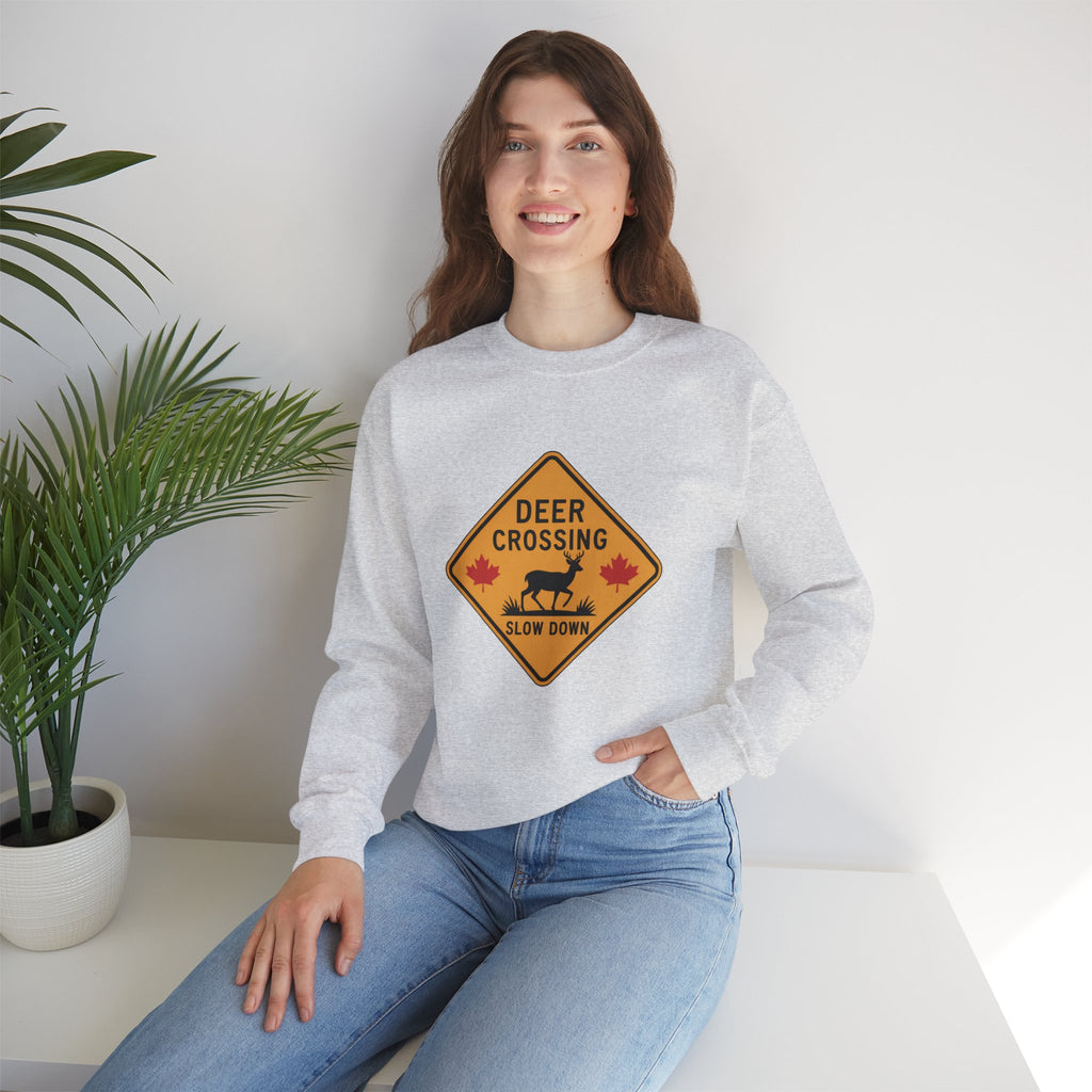 Deer Crossing Sweatshirt — 'Deer Crossing Slow Down' Road Sign Crewneck